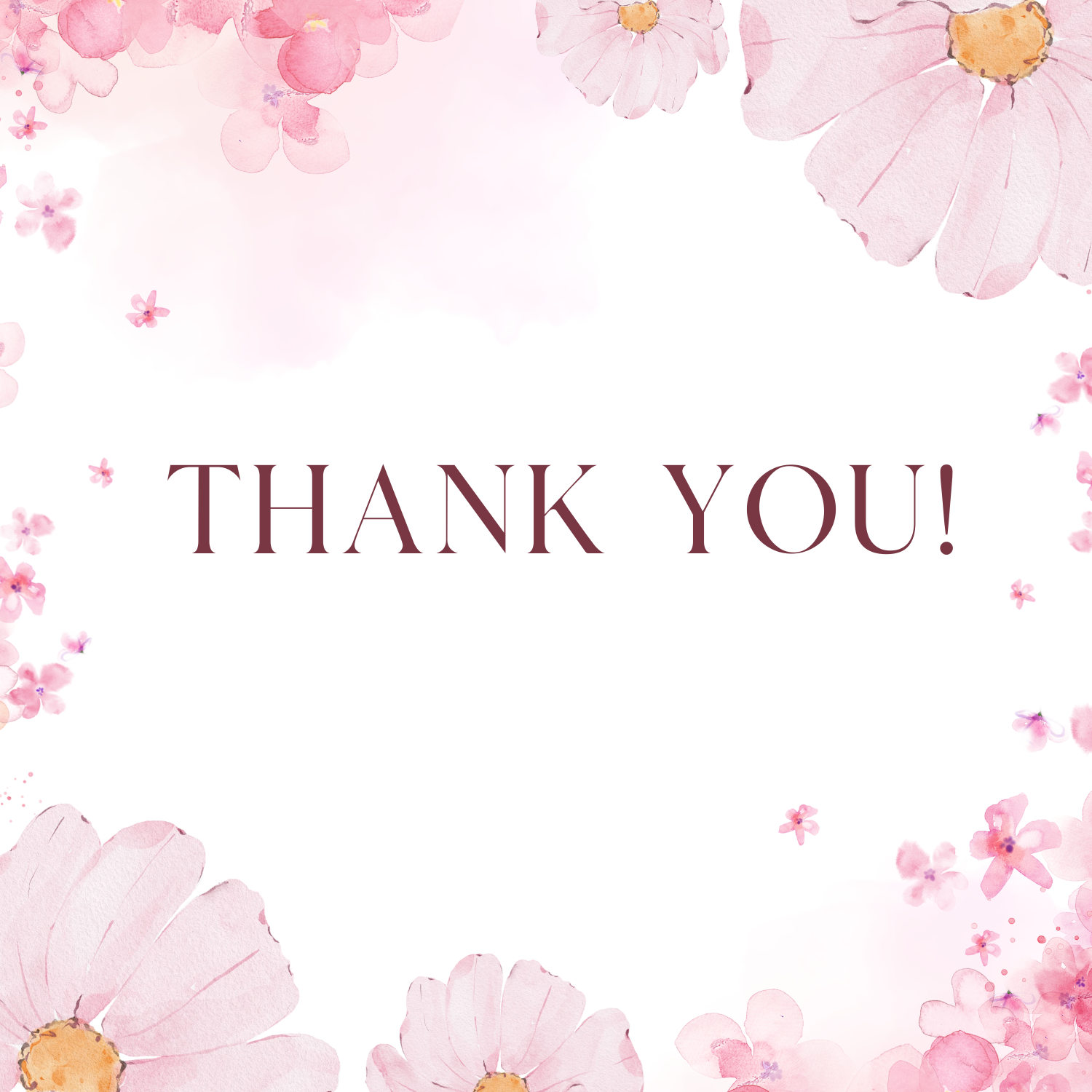 Elegant thank you message banner design with delicate pink flowers and soft floral background.