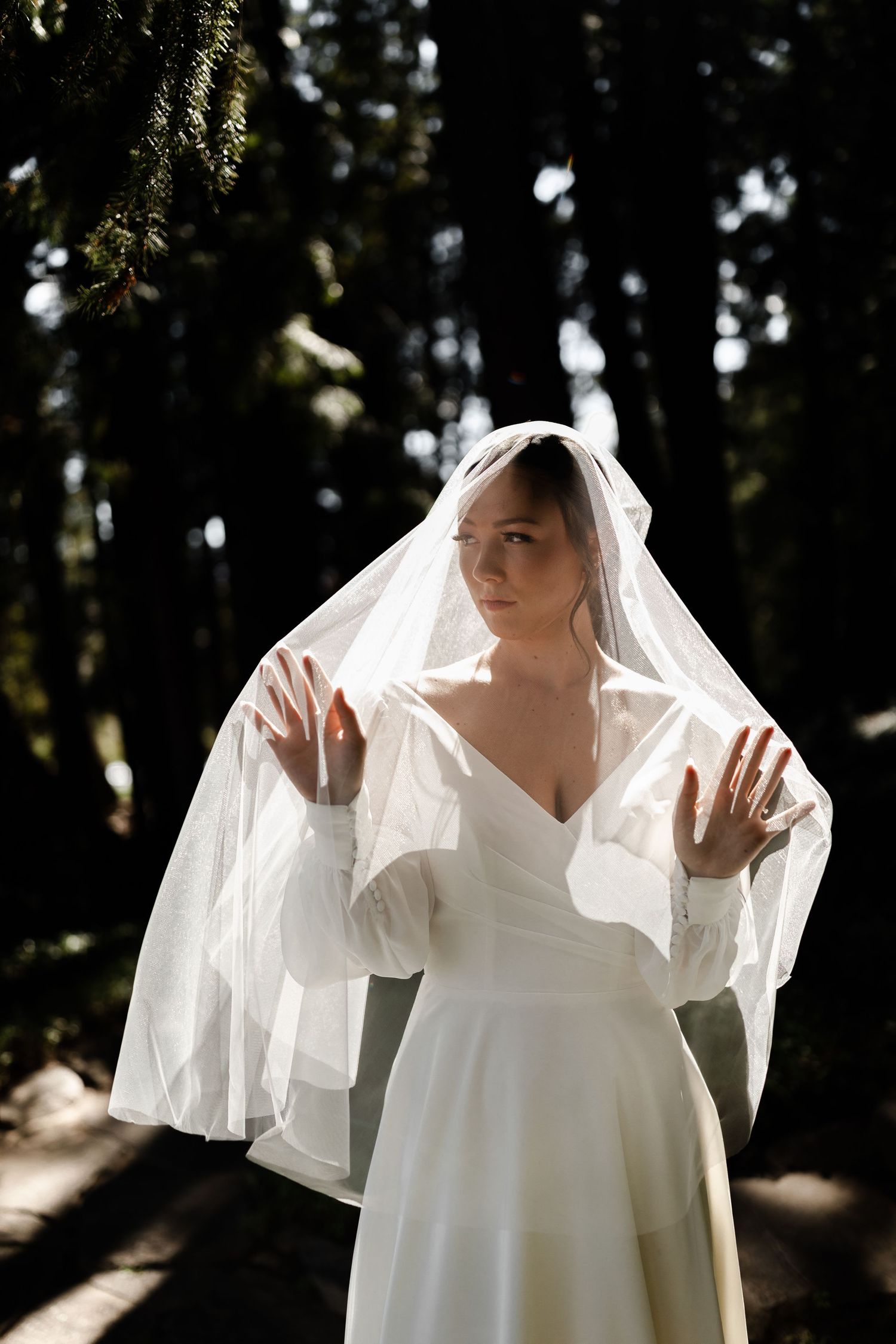 Bride under ver veil in direct sunlight