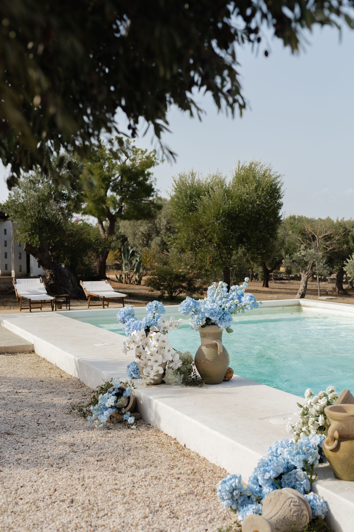 Masseria Moroseta Ostuni wedding venue ceremony set up. Poolside ceremony pots with blue hydranges and orchids spilling out,