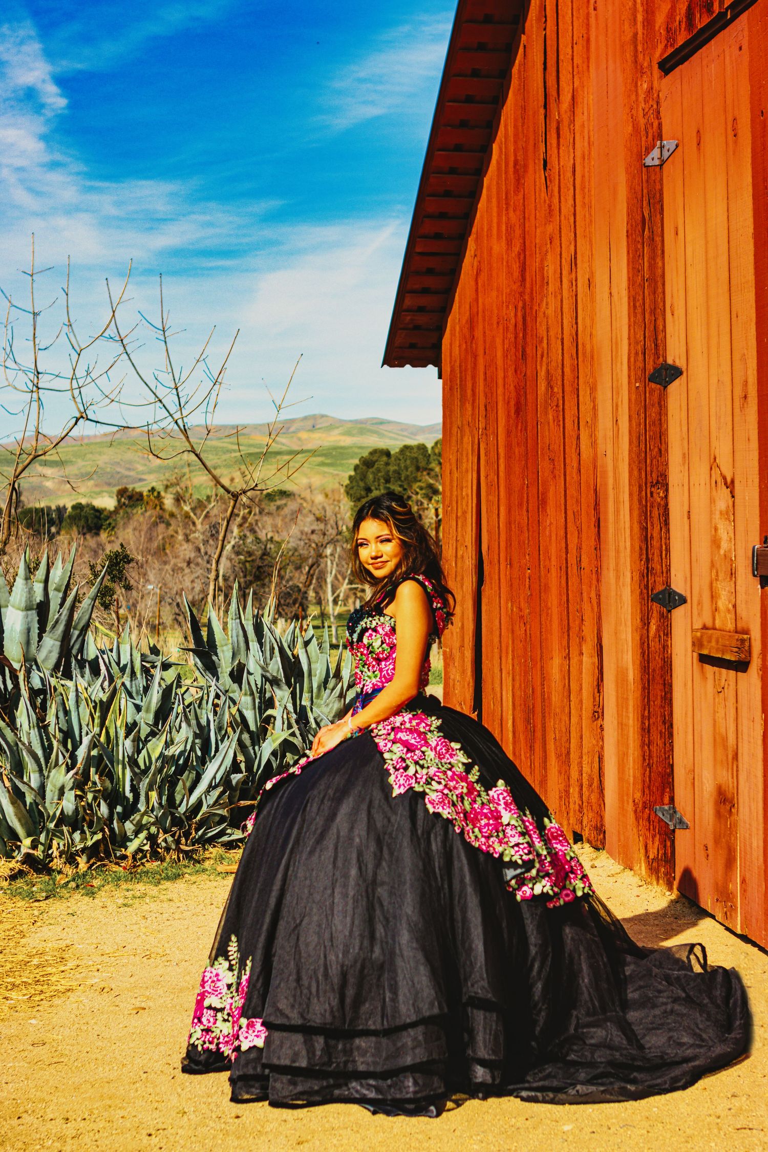 A stunning black and pink quinceañera dress photographed against a rustic wooden barn in a desert landscape setting.