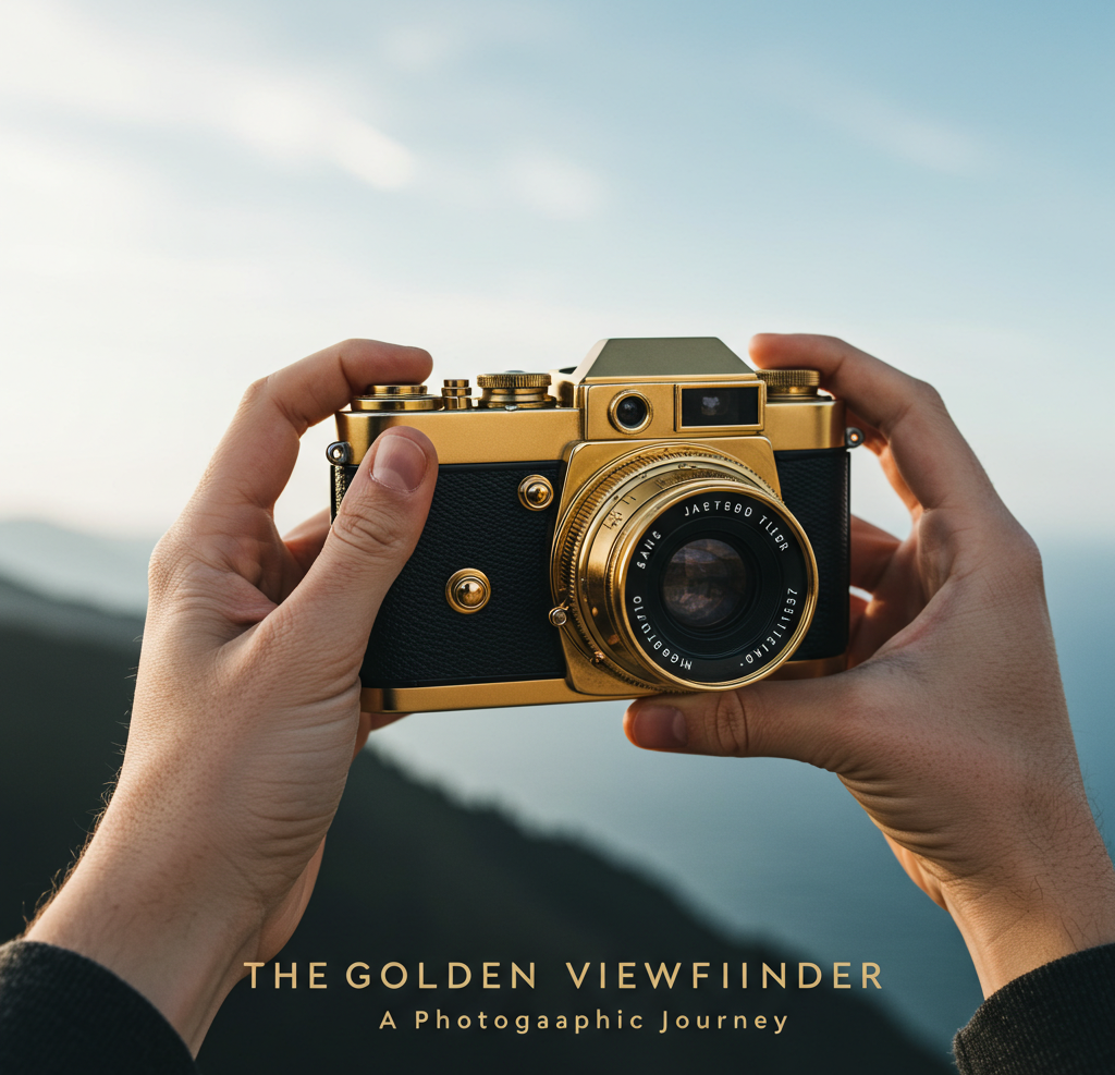 Hands holding a vintage gold-colored camera with 