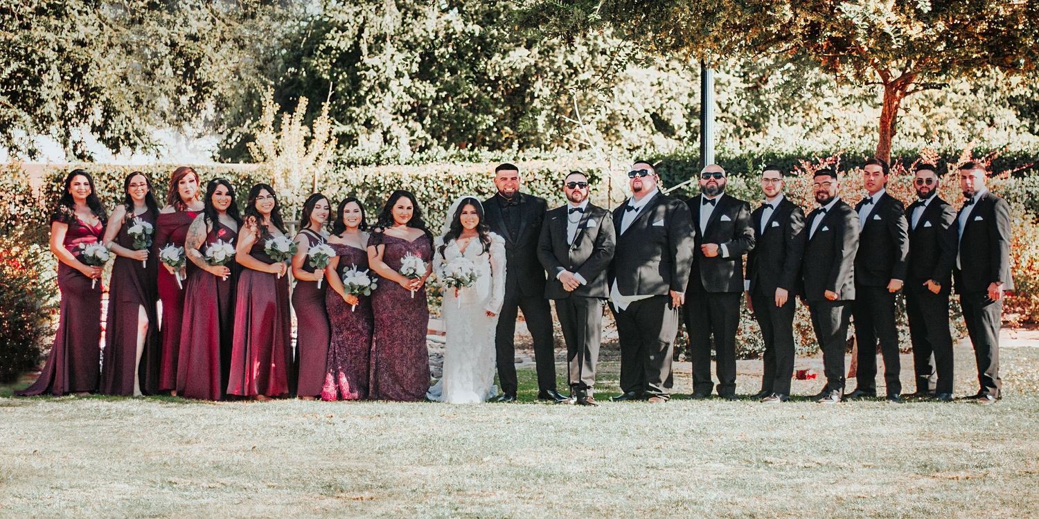 Wedding party with bridesmaids in burgundy dresses and groomsmen in black suits standing on grass for formal photo.