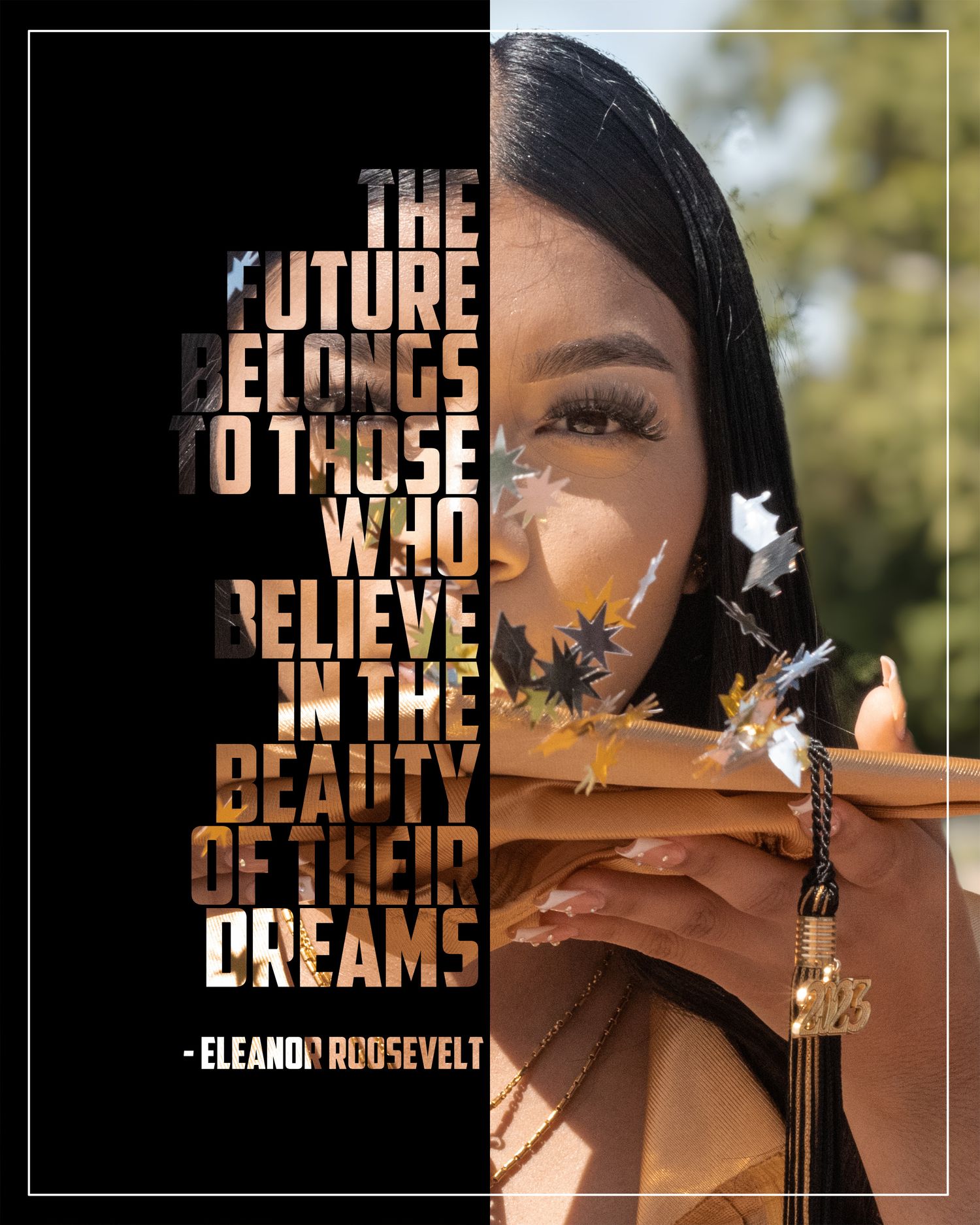 Inspirational Eleanor Roosevelt quote overlaid on portrait with flowers and soft lighting against a natural background.