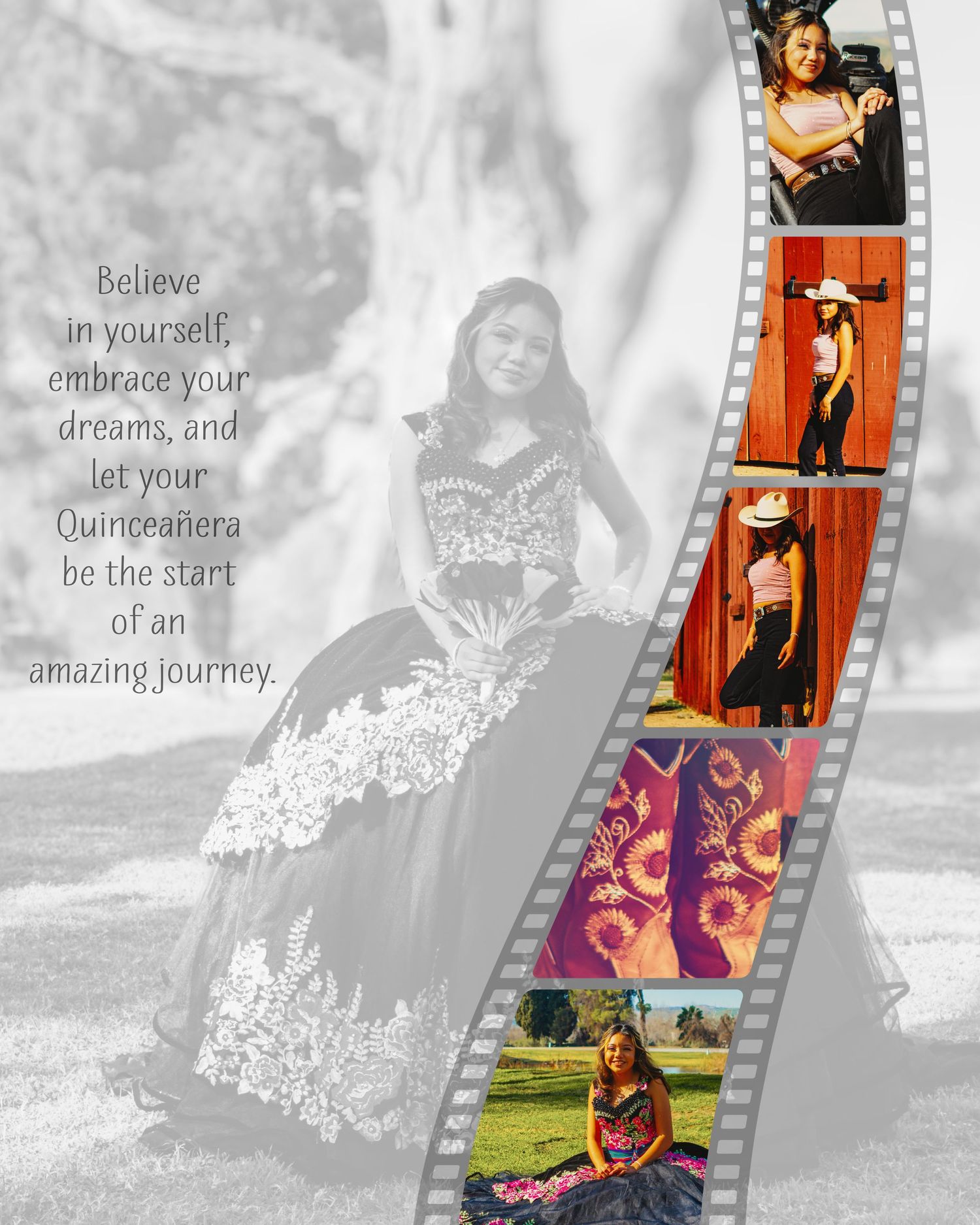 Film strip style collage showing poses in traditional dance costumes against monochromatic background with inspirational text.