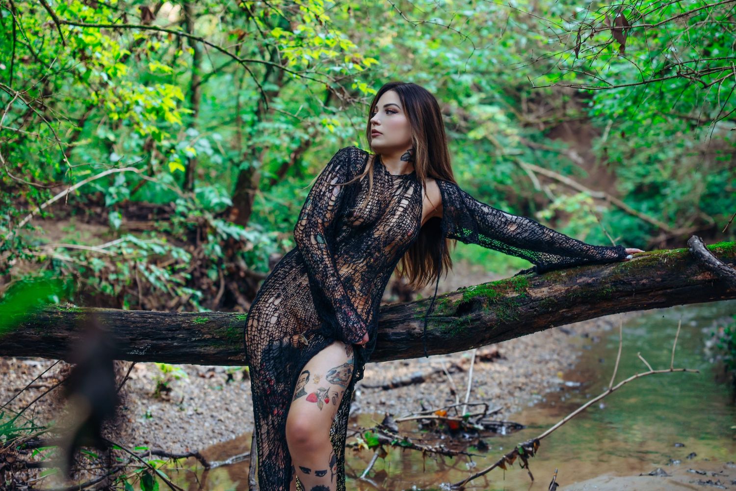 Beautiful tattooed woman posing in woods creek wearing black dress for outdoor boudoir session photoshoot with Boudoir by Bri in Saint Louis