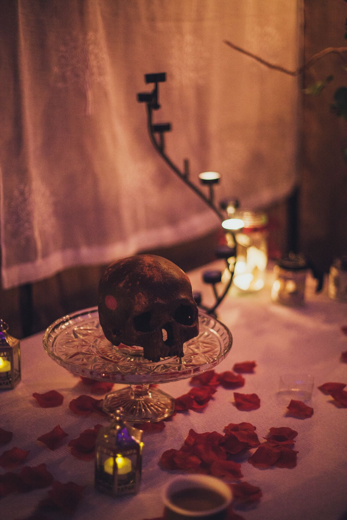 A decorative skull on a crystal pedestal surrounded by red rose petals and glowing candles on a white tablecloth.