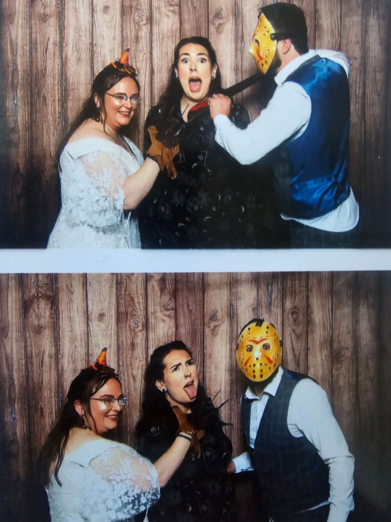 Photo booth strip showing three people posing, one wearing a Jason Voorhees hockey mask, at a Halloween-themed wedding