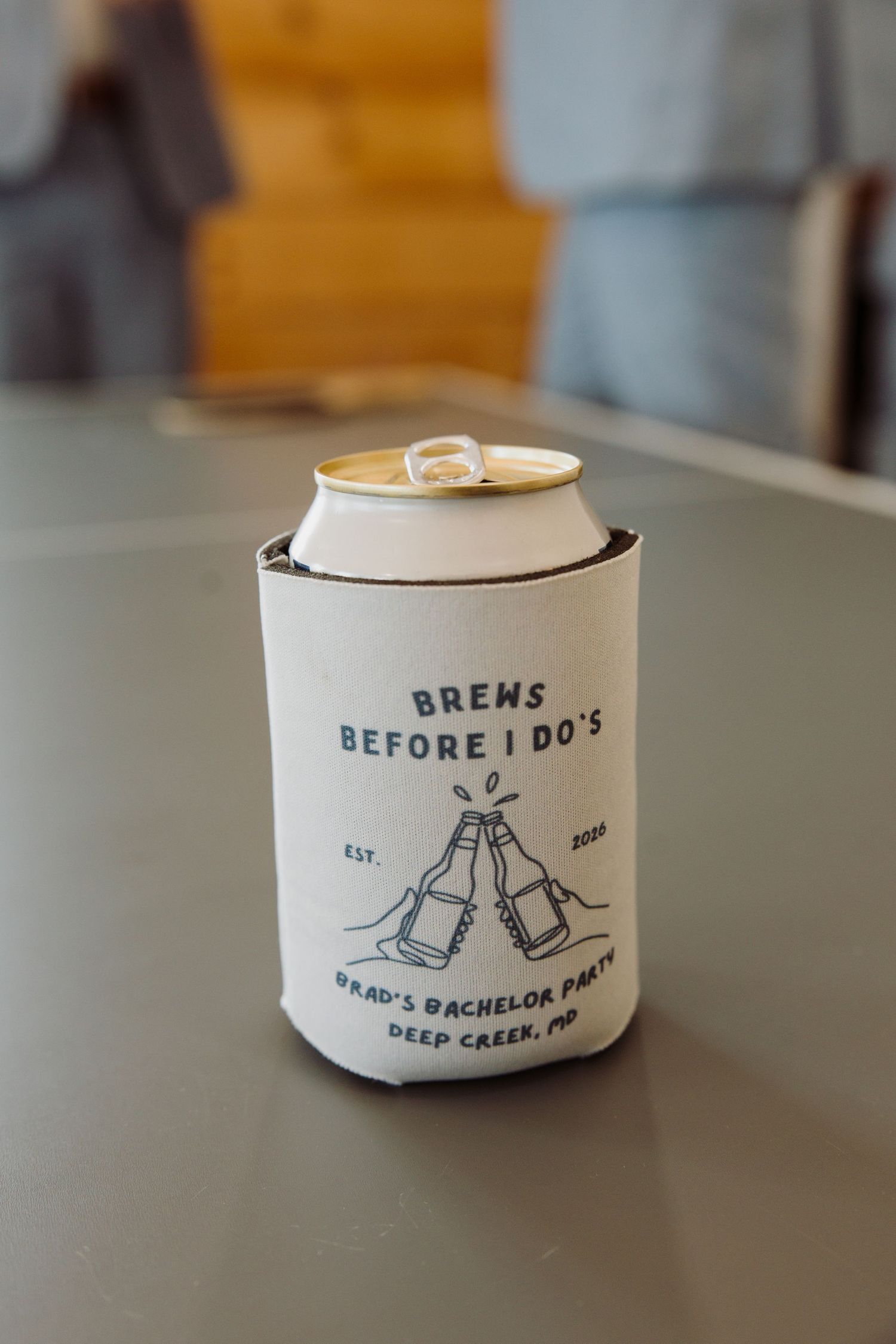 Custom bachelor party koozie reading Brews Before I Dos for Brad's Bachelor Party in Deep Creek, MD.