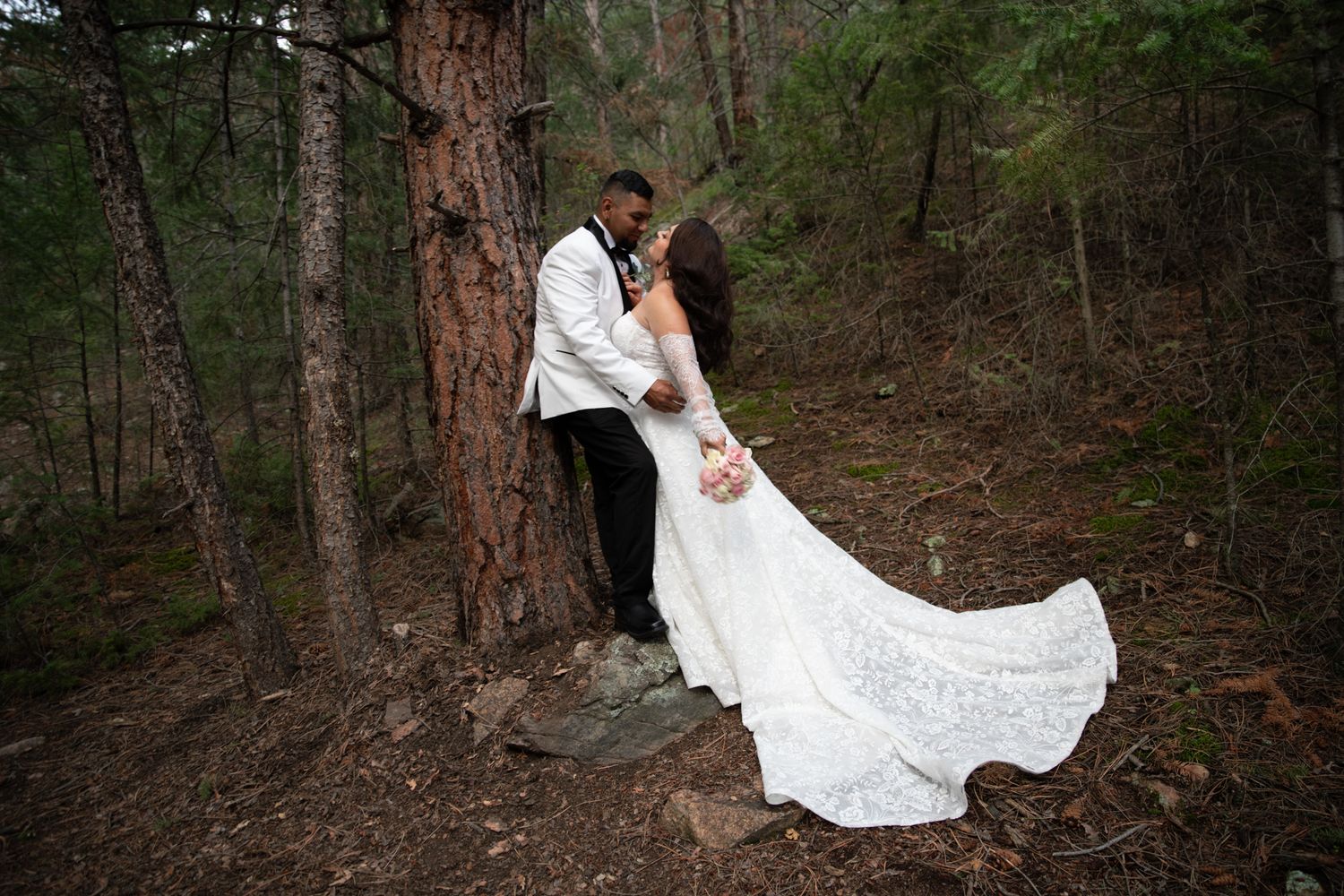 Bride and groom share romantic kiss against pine tree in forest wedding photo with flowing white lace gown.