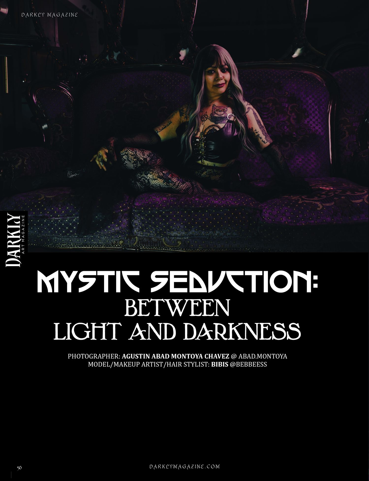 Darkly Magazine page titled Mystic Seduction showing a gothic model with pastel hair reclining on a purple velvet vintage sofa.