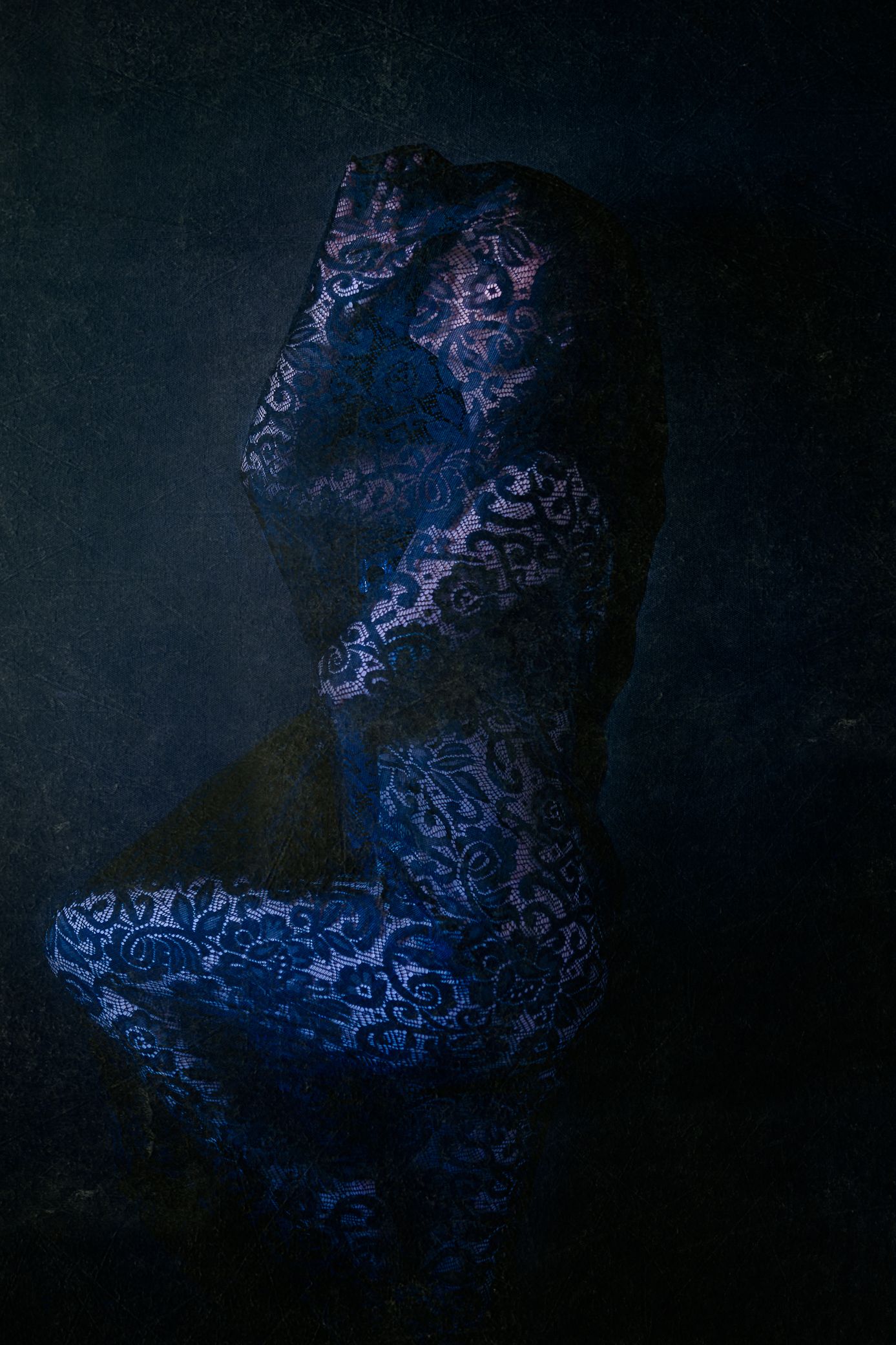 A seated figure covered in blue floral lace pattern against a dark background in artistic boudoir photography.