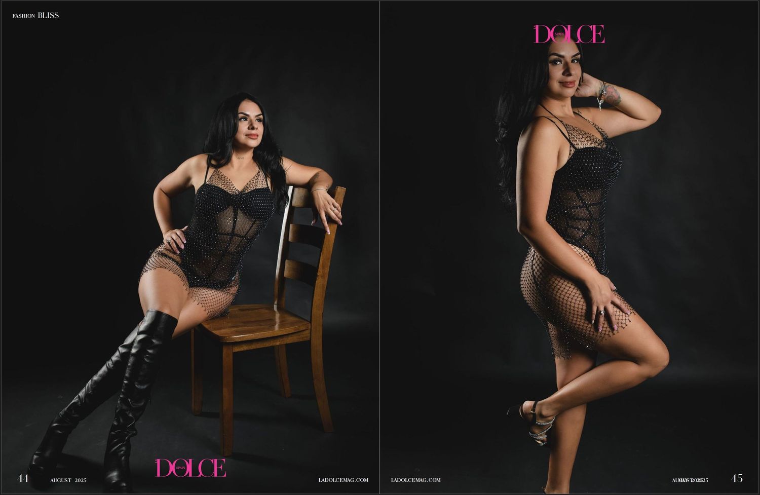 Two-page magazine spread of a woman in black lingerie and boots posing on a wooden chair and standing against a dark studio backdrop.