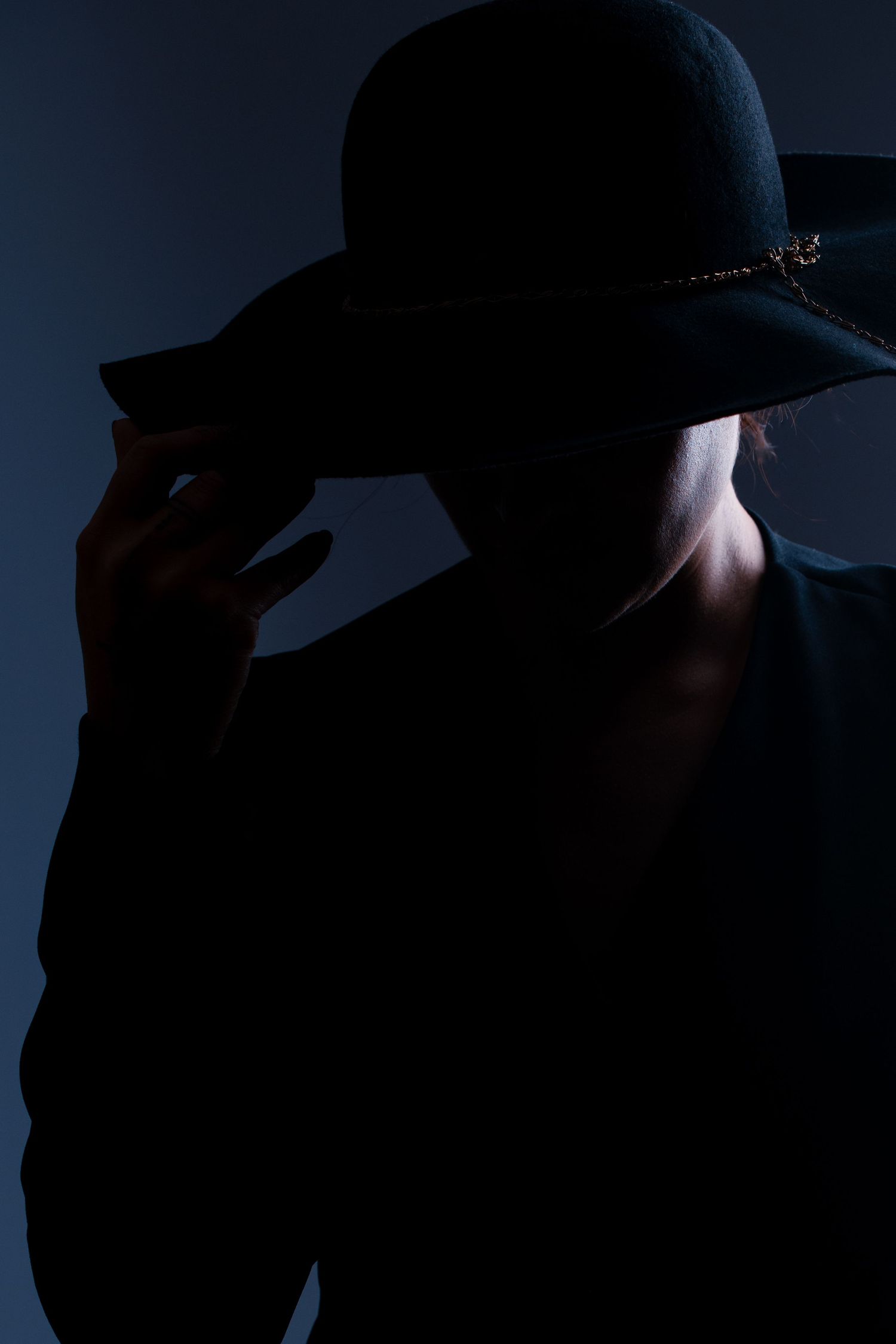 Dramatic silhouette portrait of woman in wide-brim hat and dark jacket on blue background.