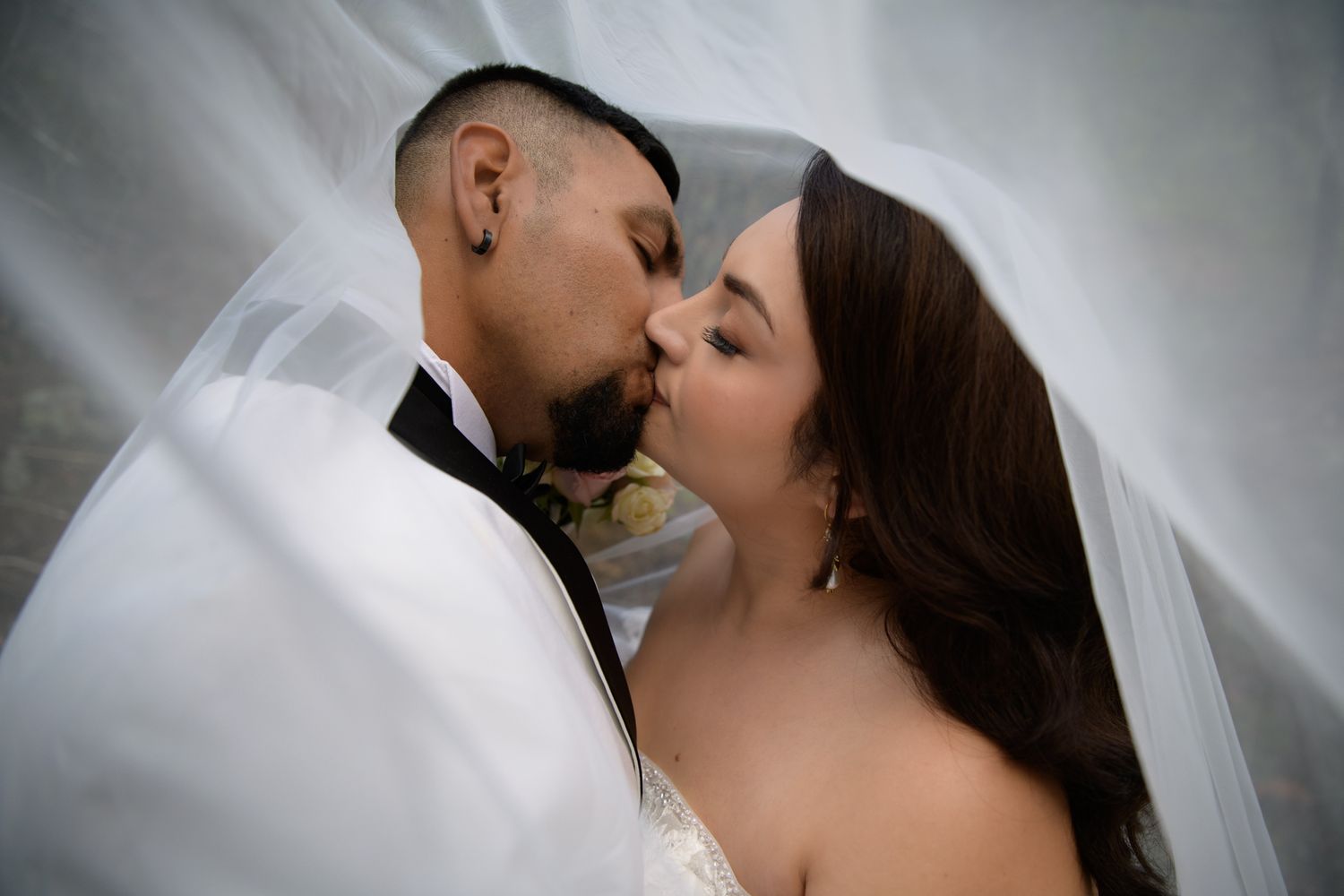A bride and groom share a romantic kiss under a flowing white veil on their wedding day.