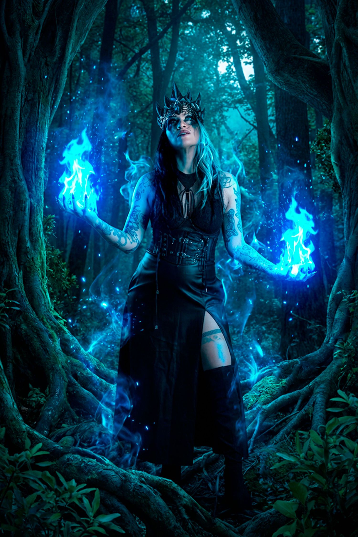 Fantasy art photo of woman in dark forest wielding blue magical flames wearing crown.