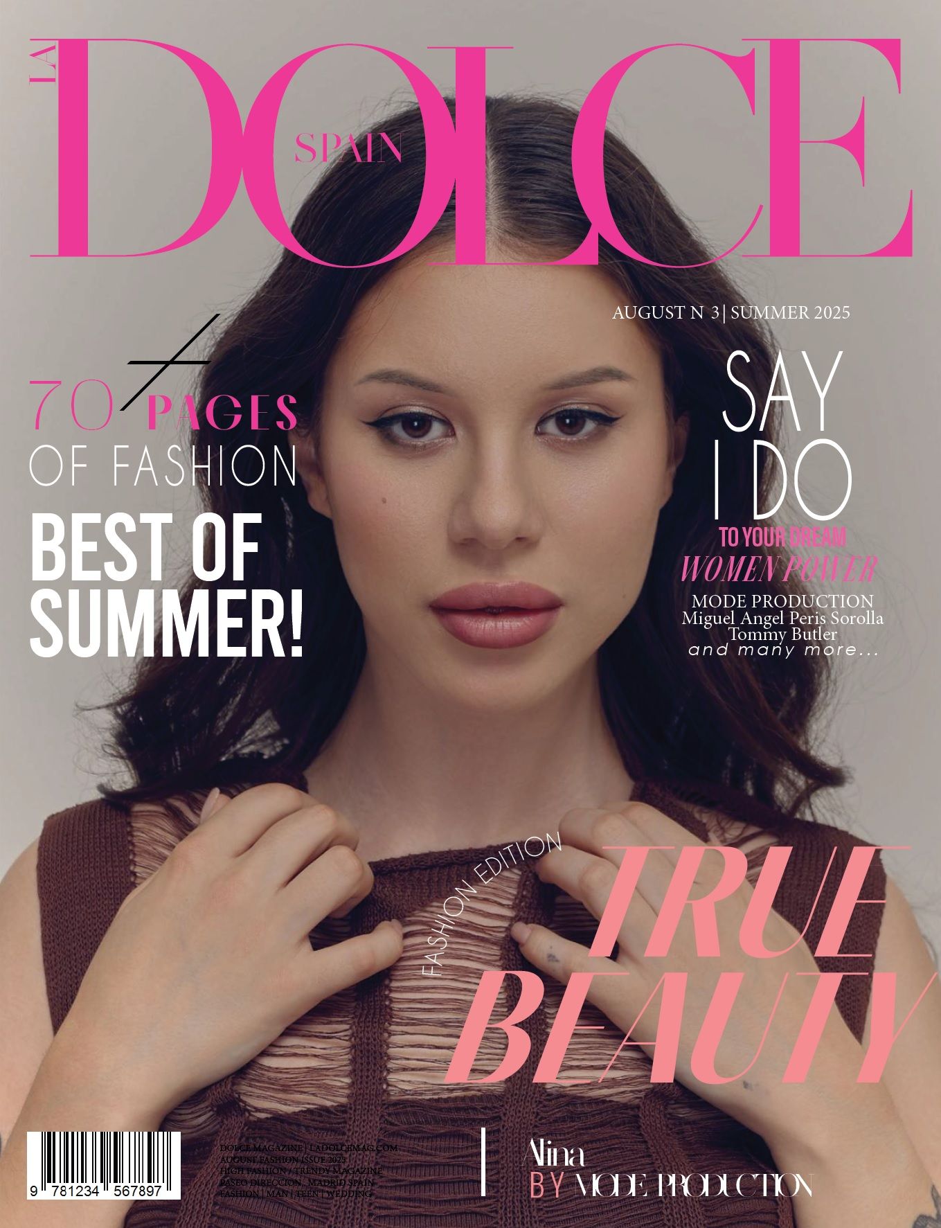 La Dolce Spain summer fashion magazine cover featuring a dark-haired model in a brown top, with True Beauty and Say I Do headlines.