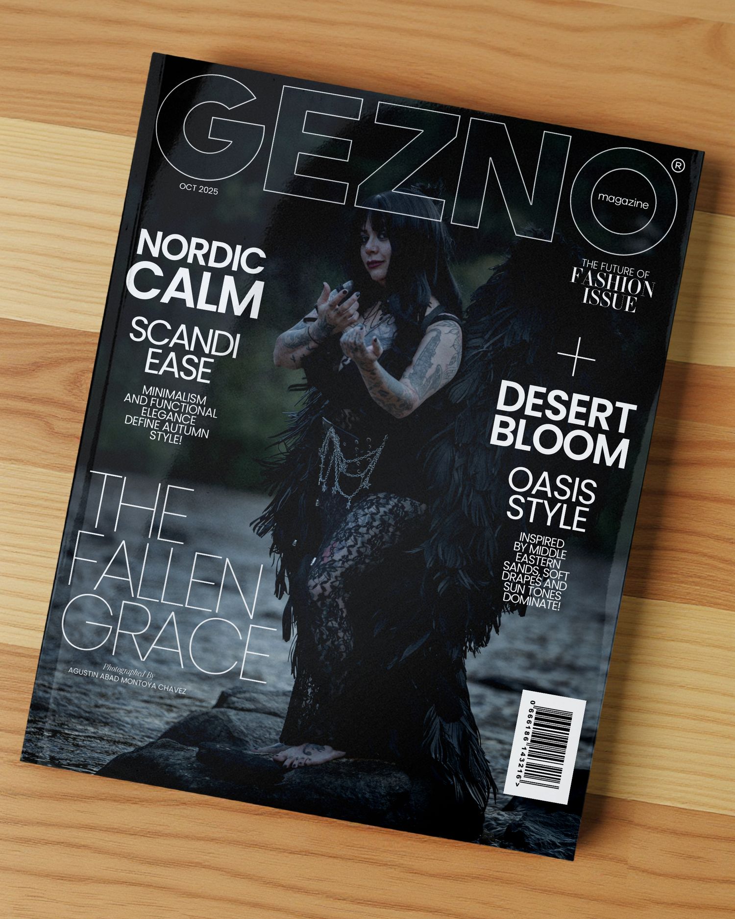 Gezno magazine October fashion issue cover showing a dark-clad figure in feathered attire, with Nordic Calm and Desert Bloom headlines.