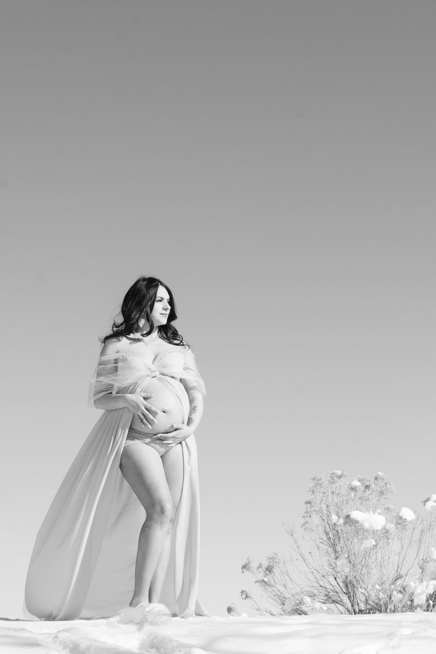 Black and white maternity photo of pregnant woman in sheer wrap standing in snowy landscape.