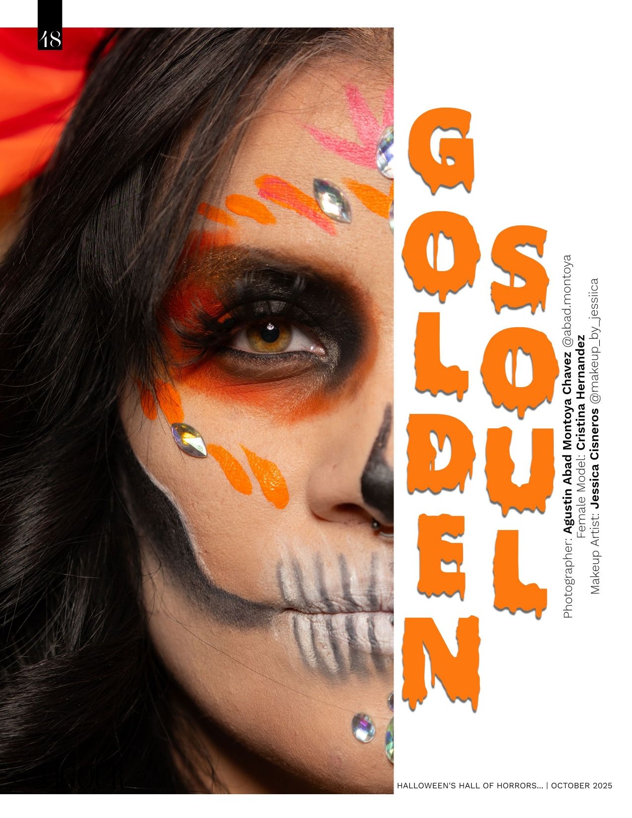 Close-up of a woman with orange and black skull makeup and gem accents beside the orange title Golden Soul in a Halloween magazine spread.