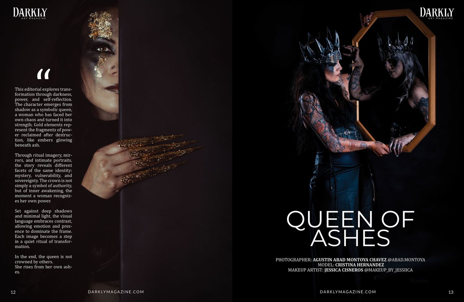Dark fantasy magazine spread titled Queen of Ashes showing a woman with glitter face paint and a model in a spiked crown by a gold mirror.