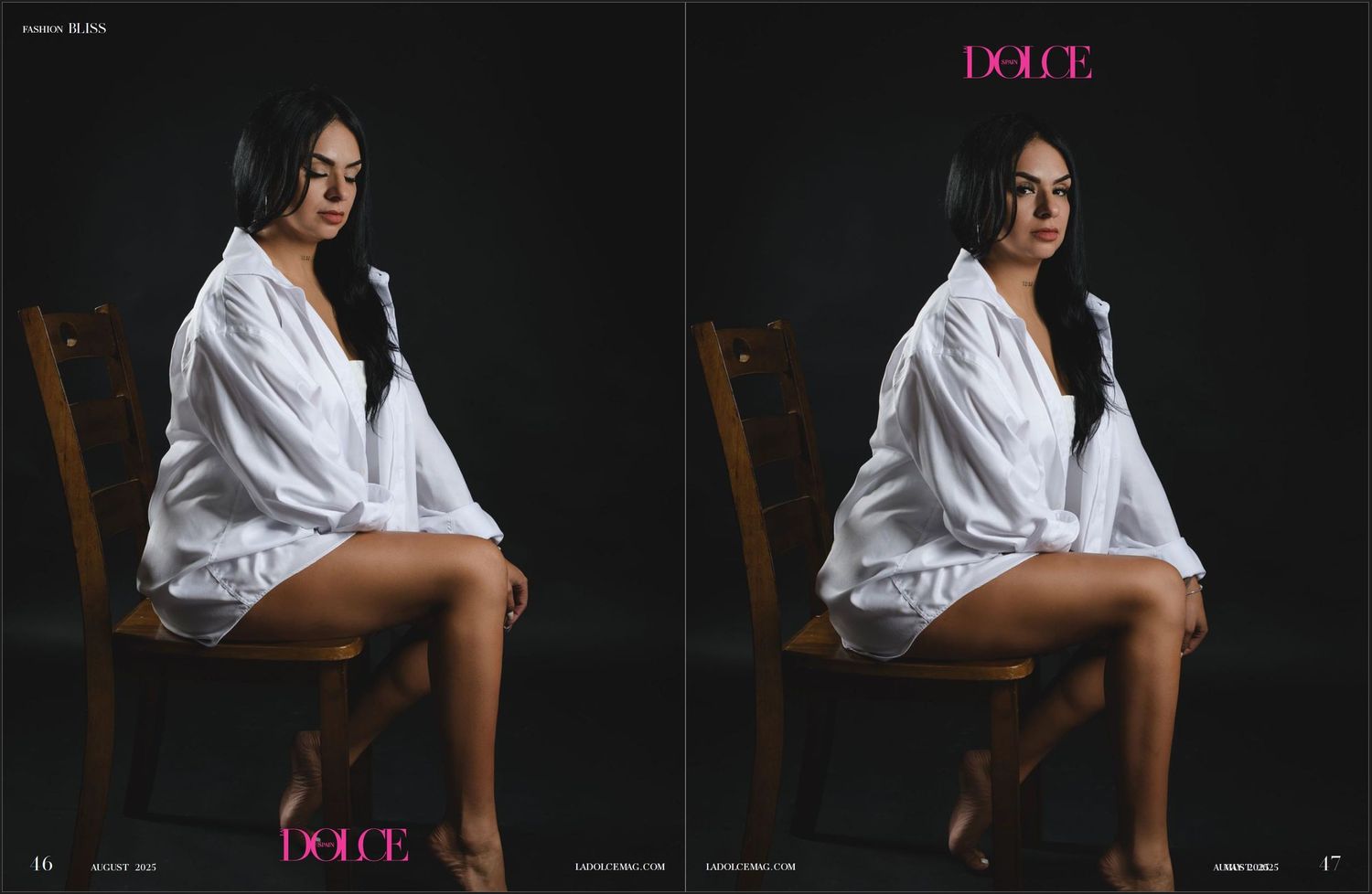Woman with dark hair in an oversized white shirt sits on a wooden chair against a dark backdrop in a Dolce magazine editorial spread.
