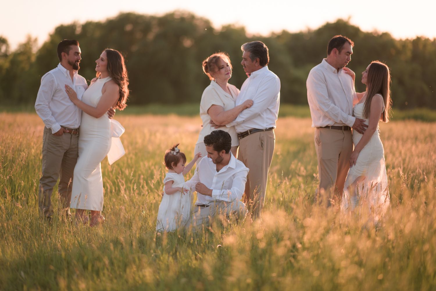 Family portrait in golden field at sunset, couples and children in white outfits posing together outdoors.