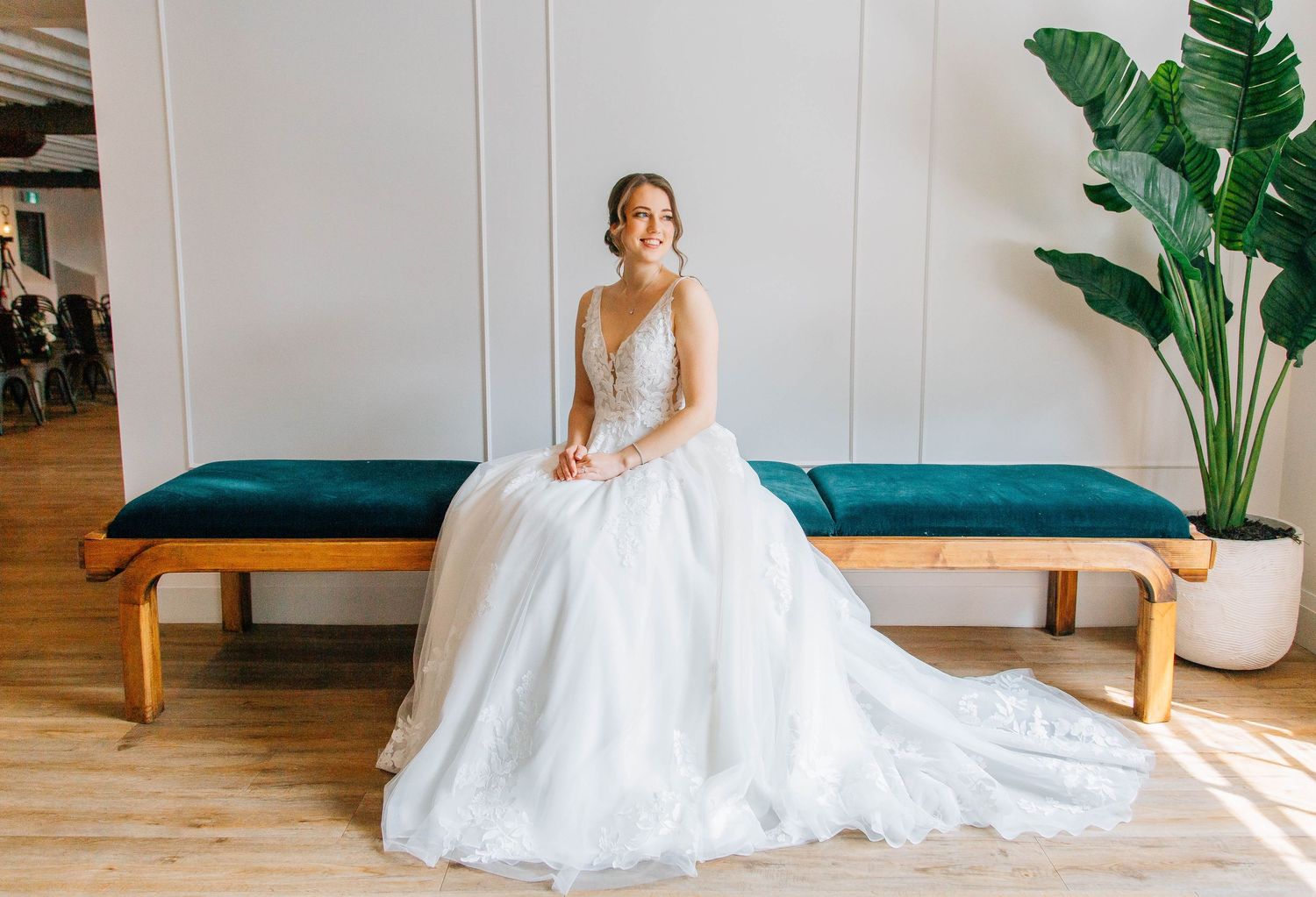 Bride getting pictures done at The Timber Barn in St. Jacob's Ontario