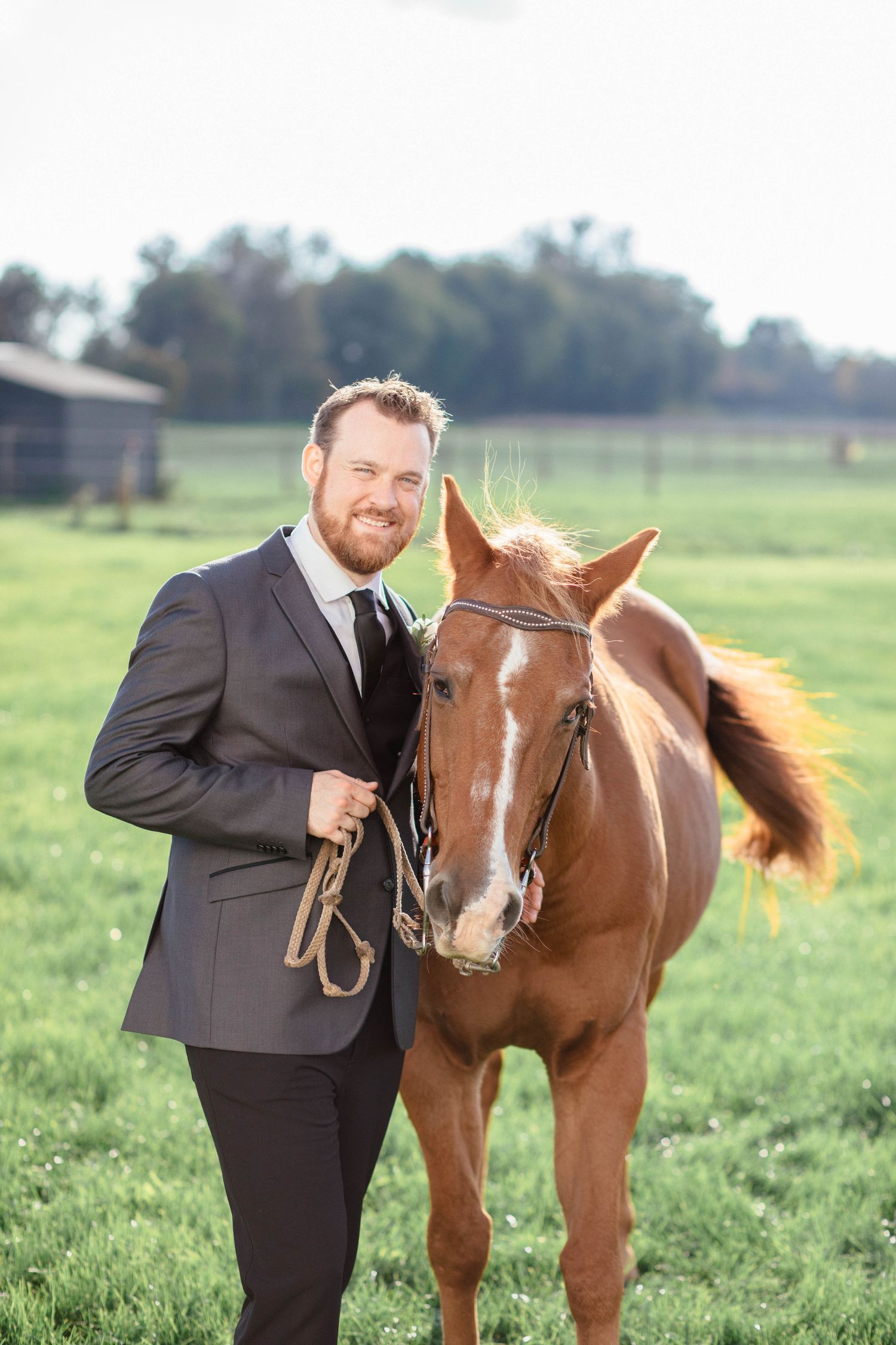 Dapper groom in dark suit smiles while standing beside chestnut horse in lush green pasture.