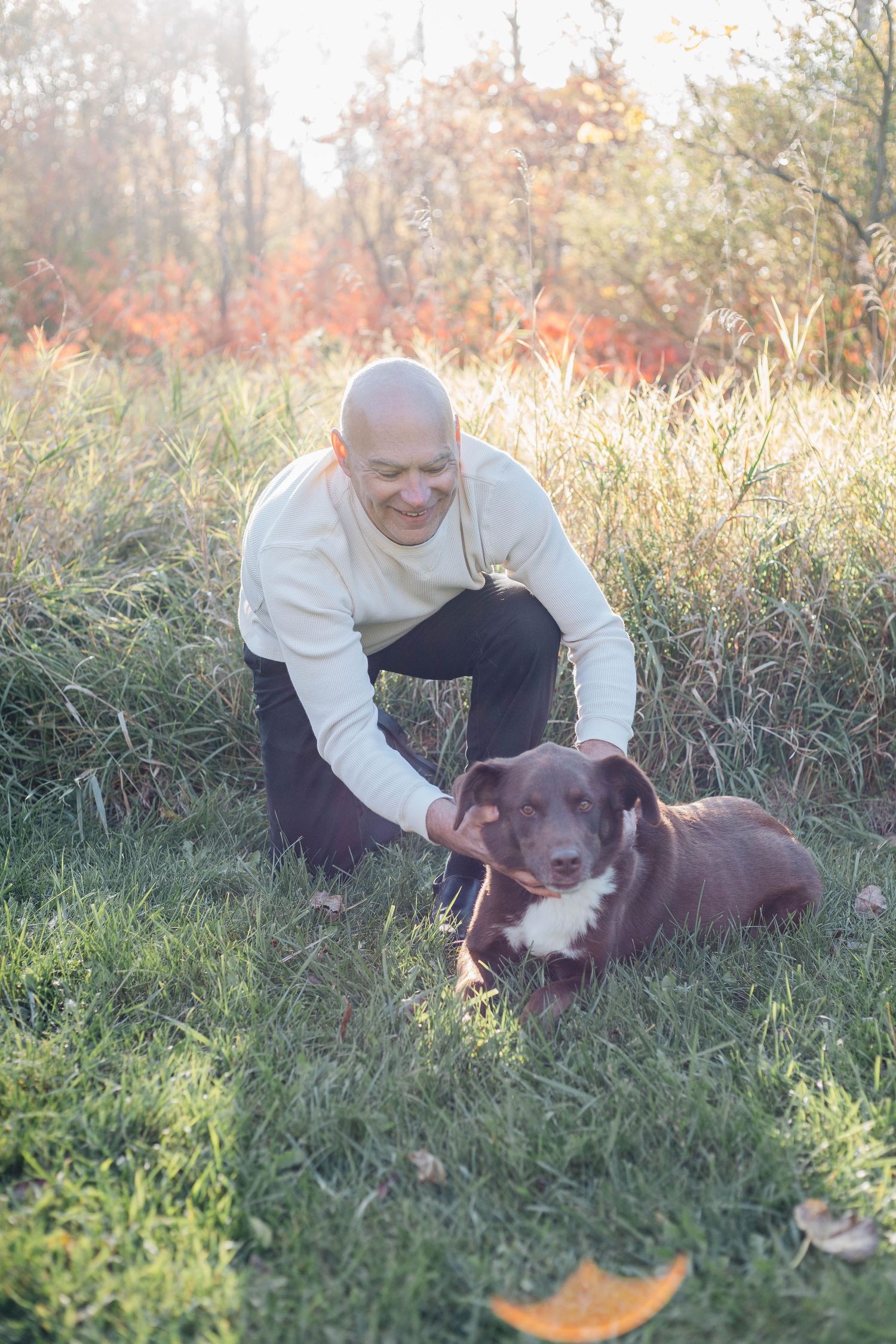 Smiling bald man petting a chocolate Lab mix dog lying in green grass with fall foliage.