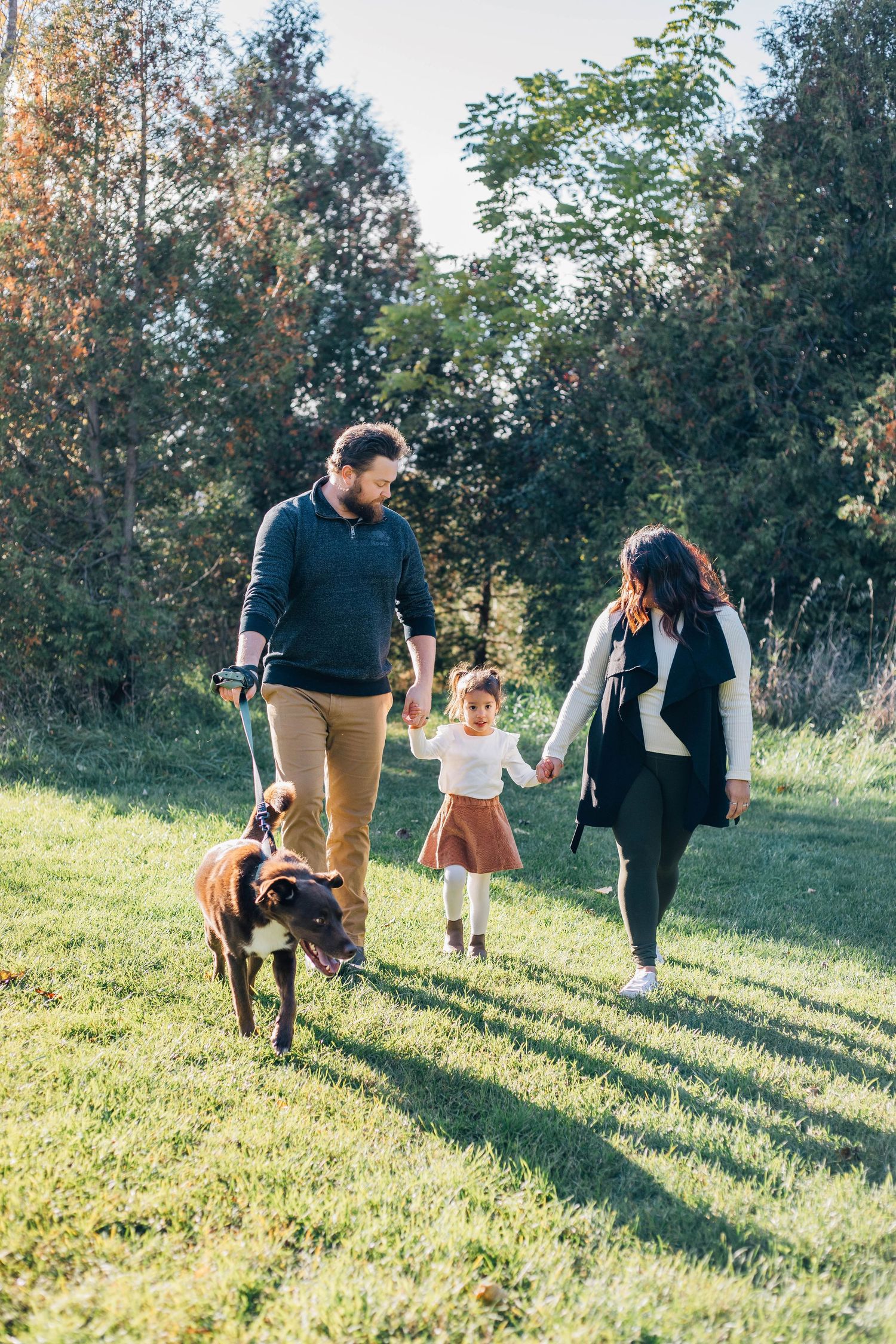 Happy family with toddler and brown dog walking together on sunny green grass in a park.