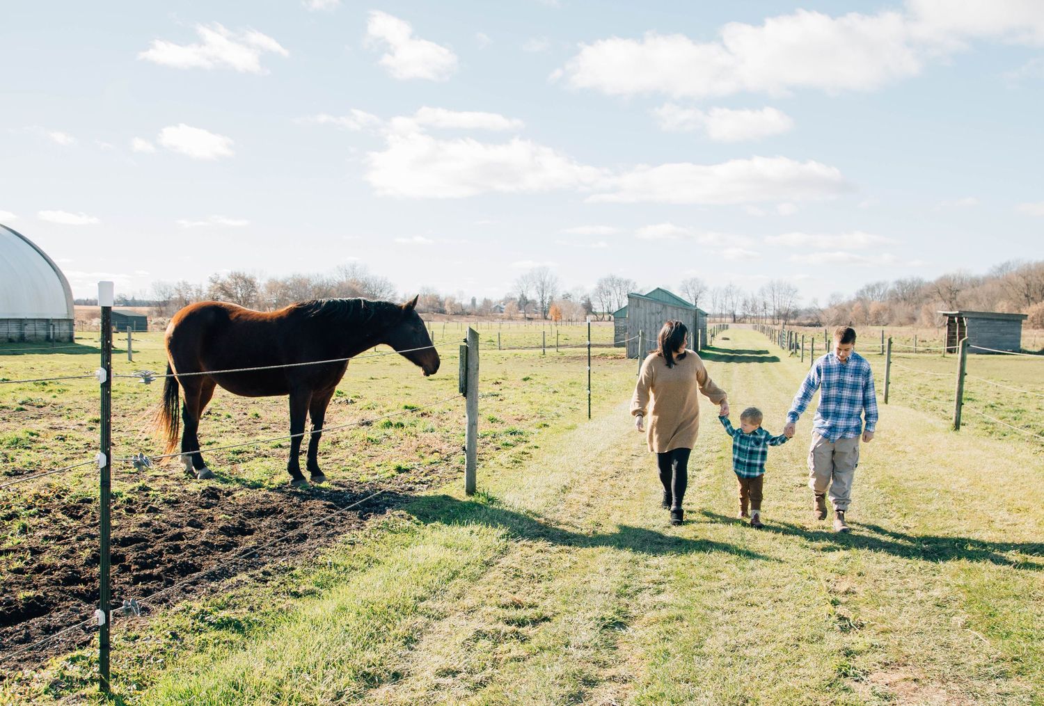 Family of three walking with horse on sunny farm field with wooden fence.