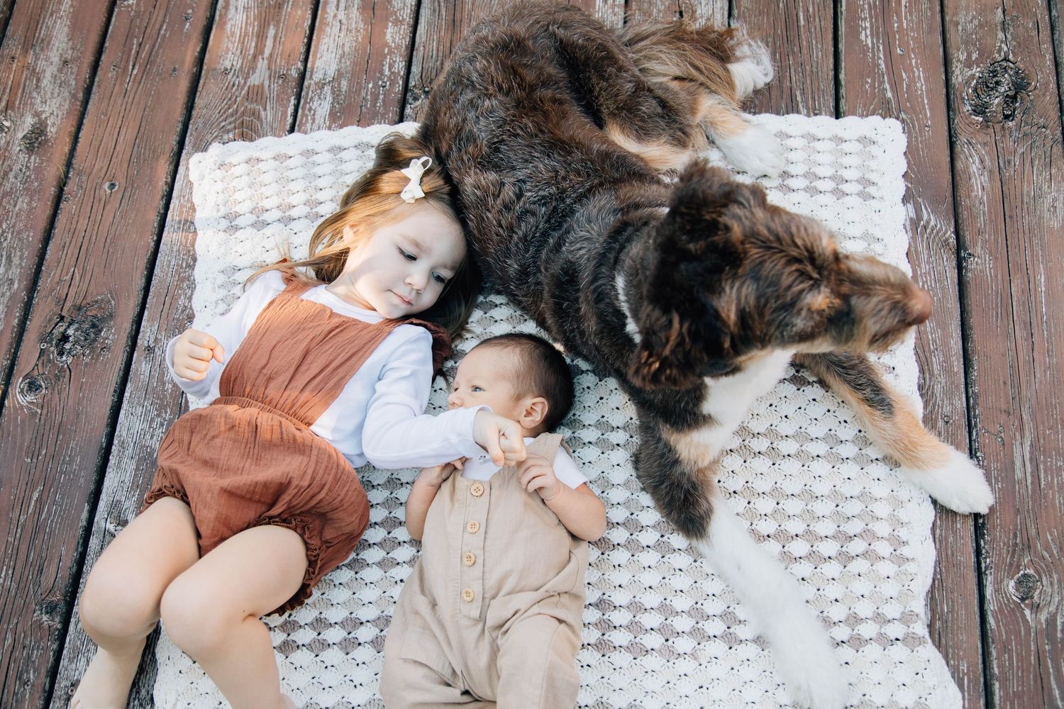 Overhead view of young girl, newborn baby, and dog relaxing together on blanket outdoors.
