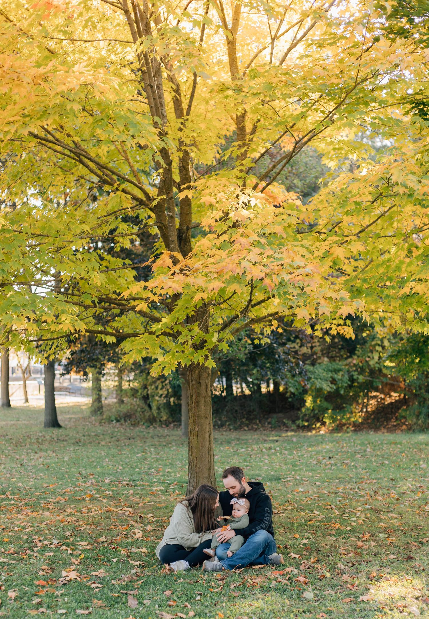 Family of three sitting together under a vibrant yellow fall tree in a park.