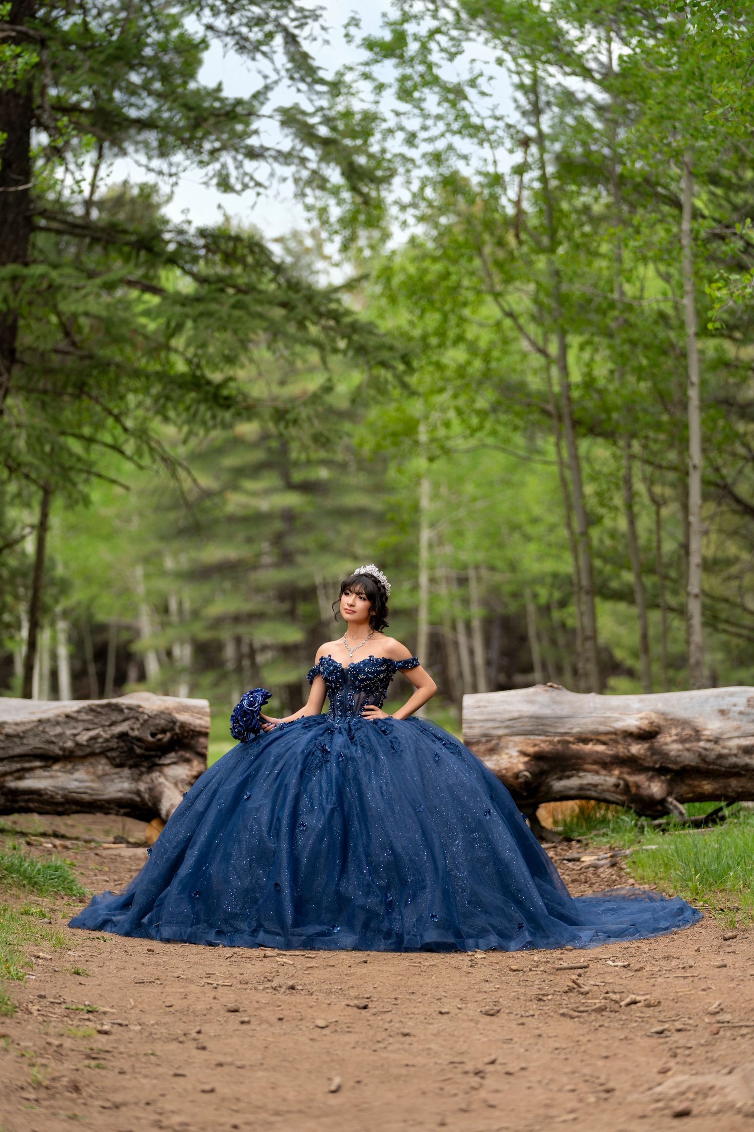 Young woman in navy blue off-shoulder ball gown quinceañera dress poses in a lush forest setting.