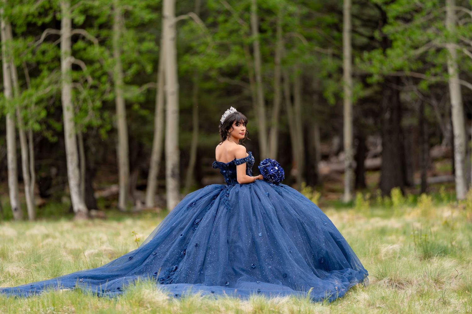 Young girl in a stunning navy blue ball gown quinceañera dress poses gracefully in a lush forest meadow.