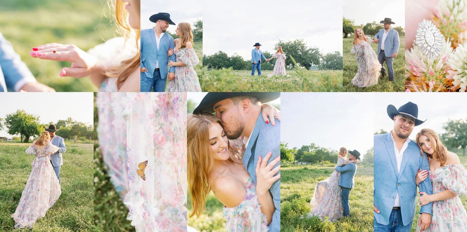A romantic outdoor wedding photoshoot featuring a couple in blue and white outfits in a sunlit grassy field.