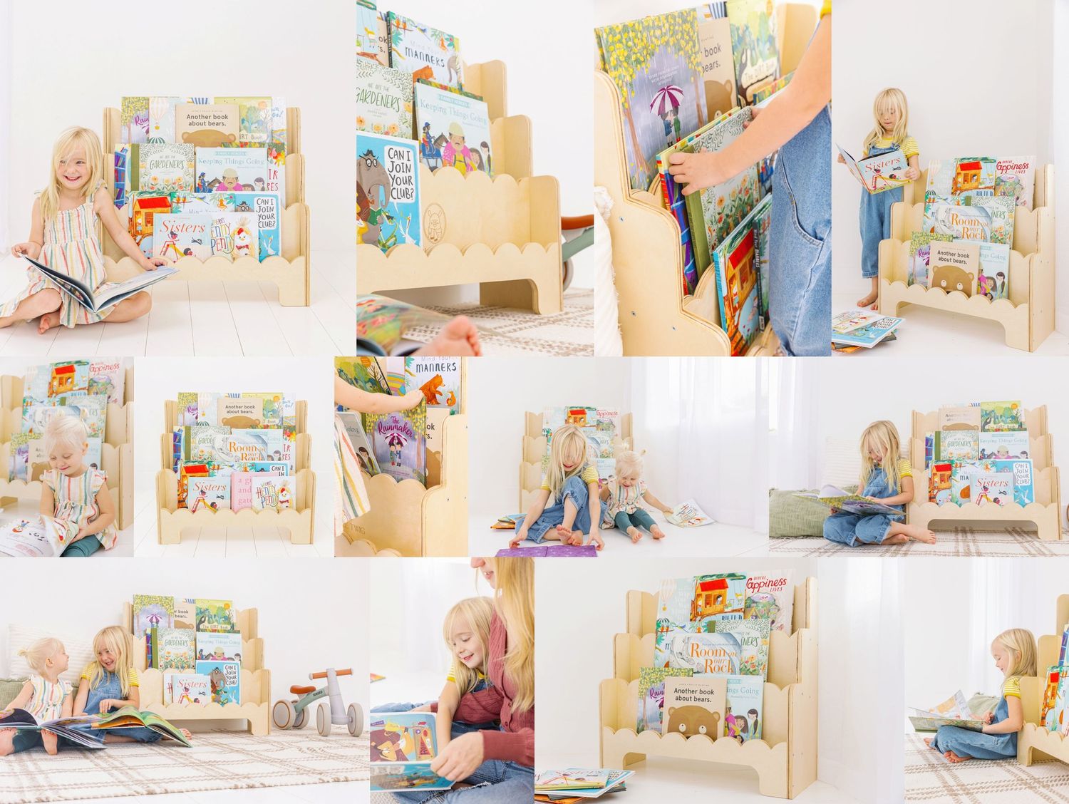 Multiple views of a wooden bookshelf display rack filled with children's books in a bright home setting.