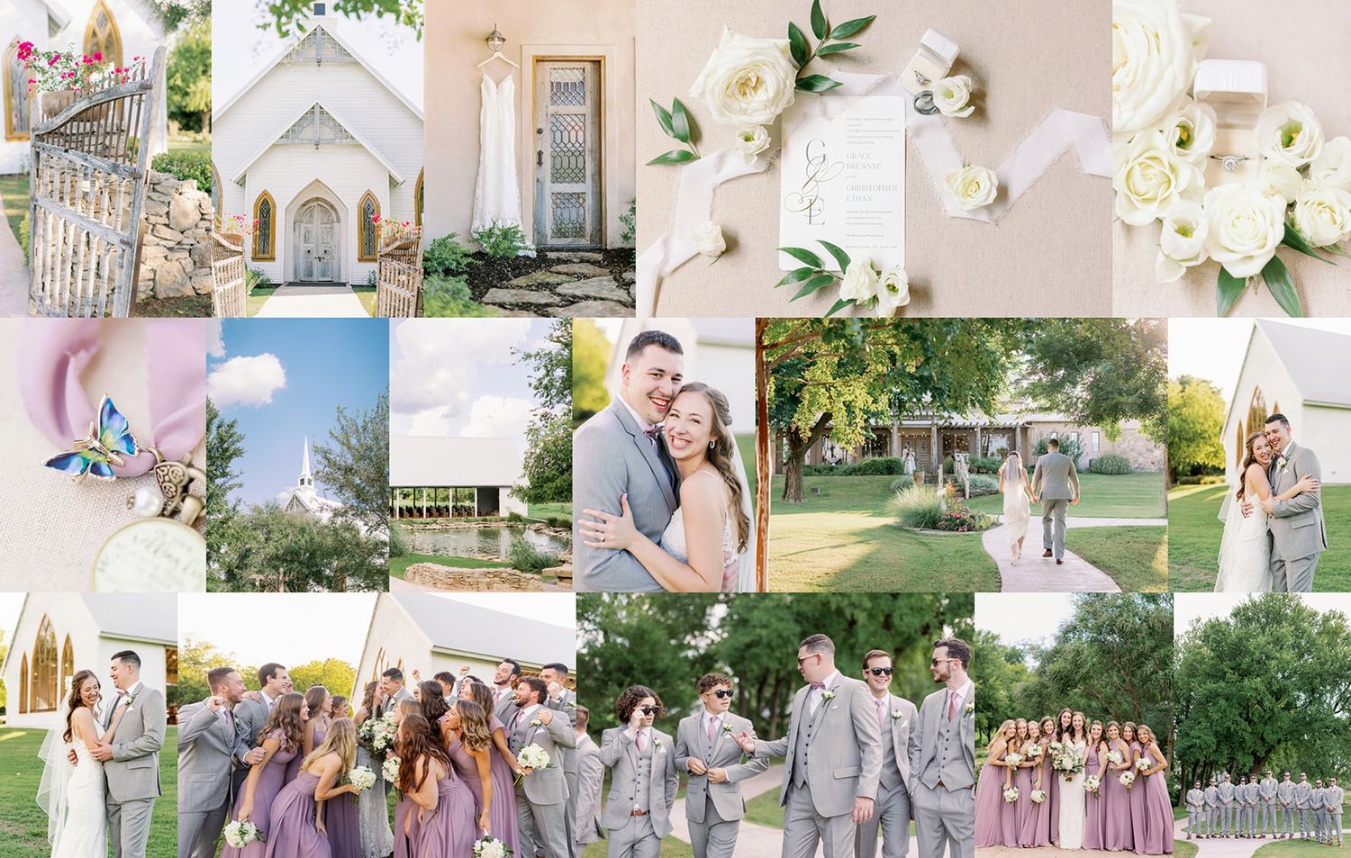 Romantic wedding photo collage featuring a white chapel, outdoor garden ceremony, floral arrangements and guests in pink dresses.