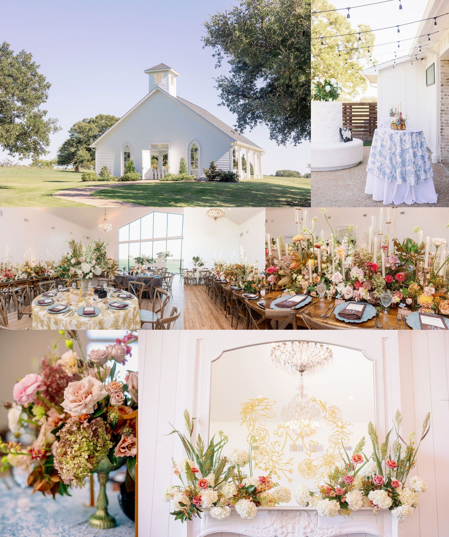 A collage of wedding venue images showing a white chapel, elegant table settings, and floral arrangements in pastel pink and peach tones.
