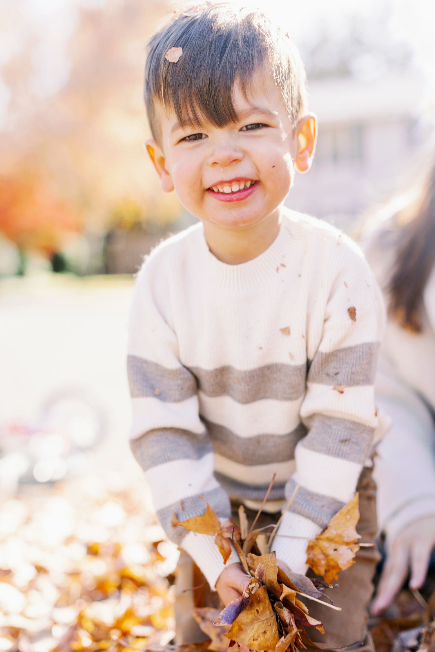 Young child plays in autumn leaves while wearing a striped sweater on a sunny fall day.