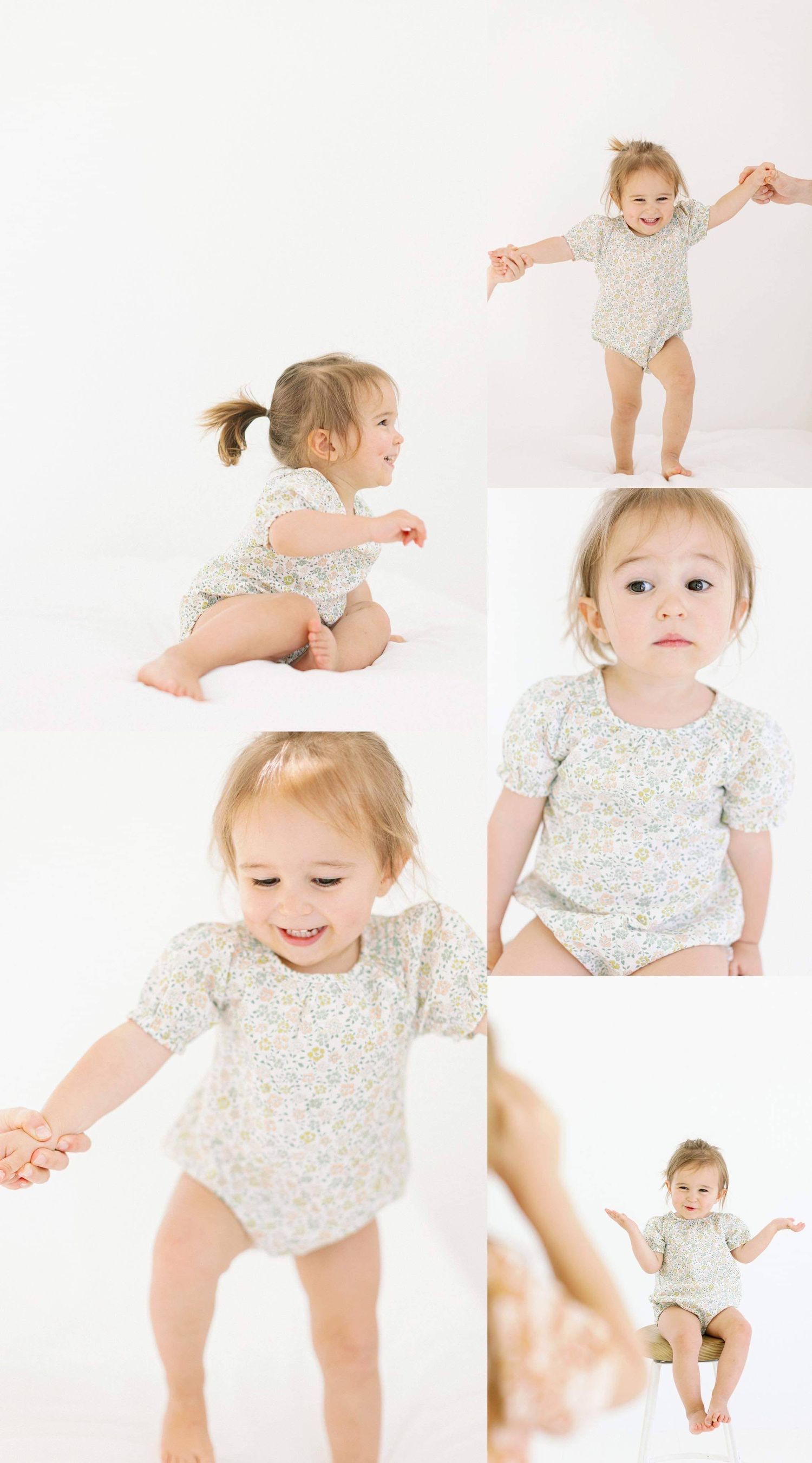 Toddler in floral onesie photographed in different poses against white background showing joyful expressions and movement.