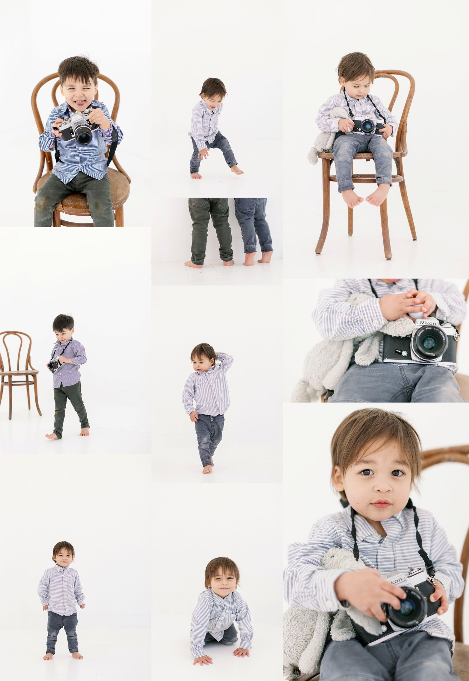 Collage of childhood photography showing a small child in jeans and button-down shirt playing with vintage cameras on wooden chairs.
