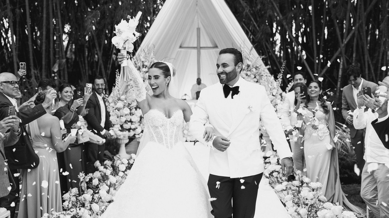 A black and white photo collage shows a traditional wedding ceremony with multiple guests and scenes from the celebration.