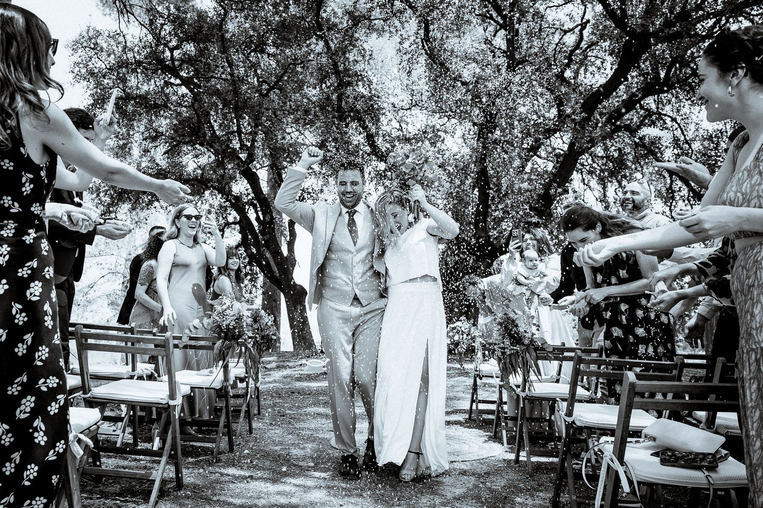 A series of black and white photographs showing trees and white fabric installations in an outdoor garden setting.