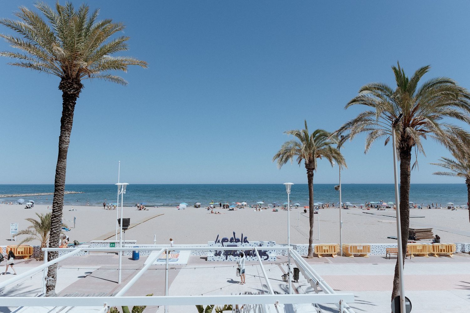 Sunny beach view with palm trees, white terrace, golden sand, and calm blue sea under a clear sky.