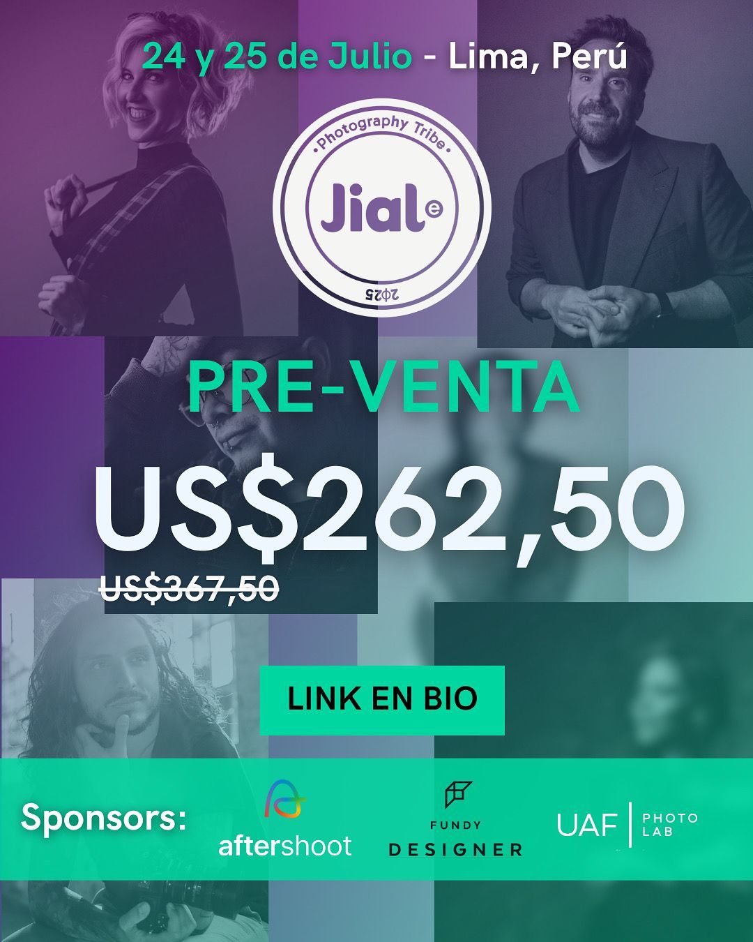 Concert event promotional banner for July 24-25 in Lima Peru featuring performers and sponsor logos in purple and teal colors.