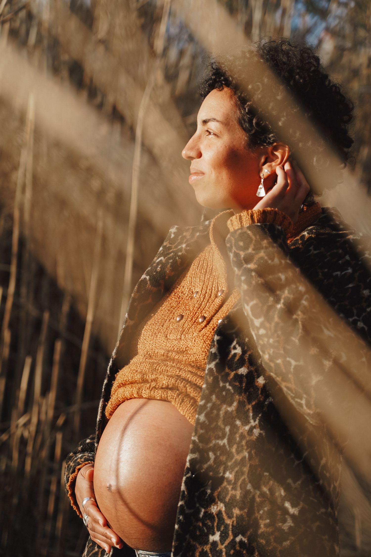 Side-view maternity portrait through reeds at golden hour.