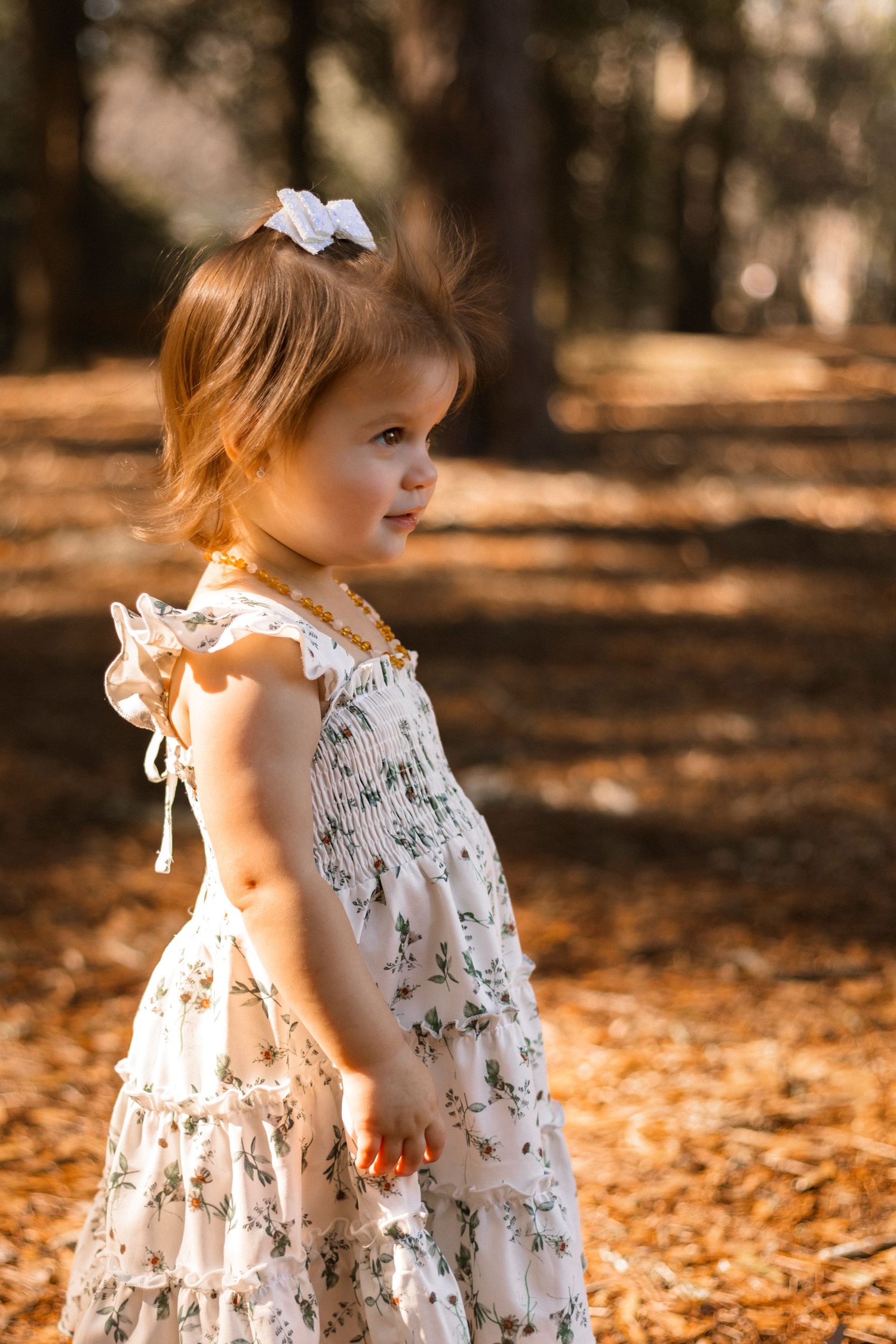 Side portrait of toddler in a brown leaves field as she is looking off.