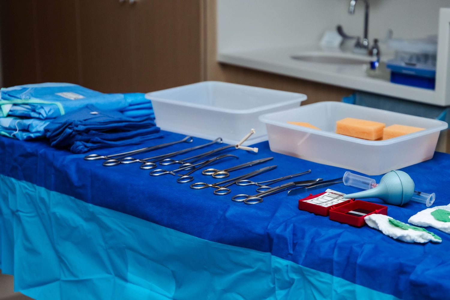 Sterile equipment table in labor room at San Antonio Hospital