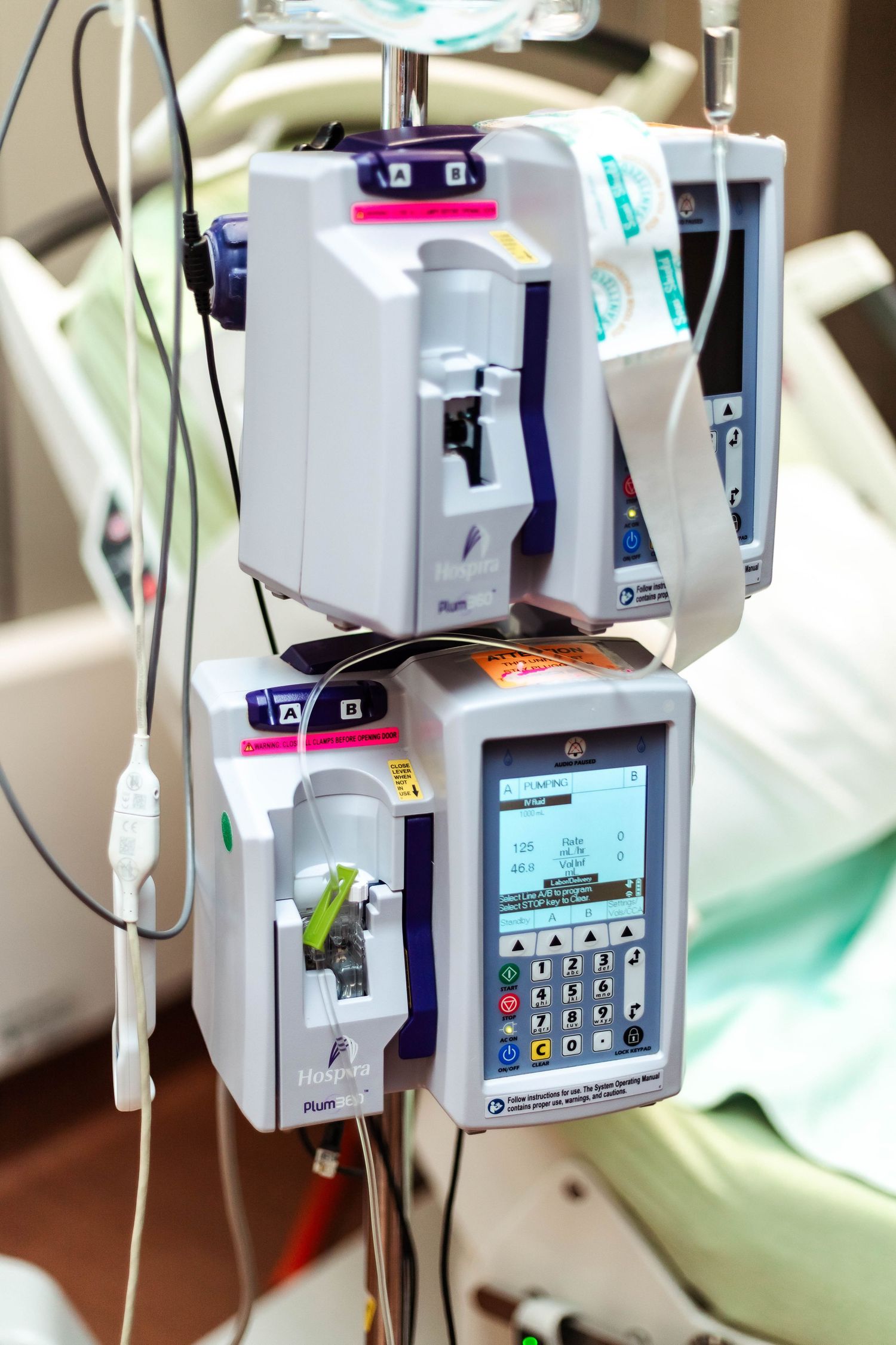 IV pump in hospital used for saline and Pitocin